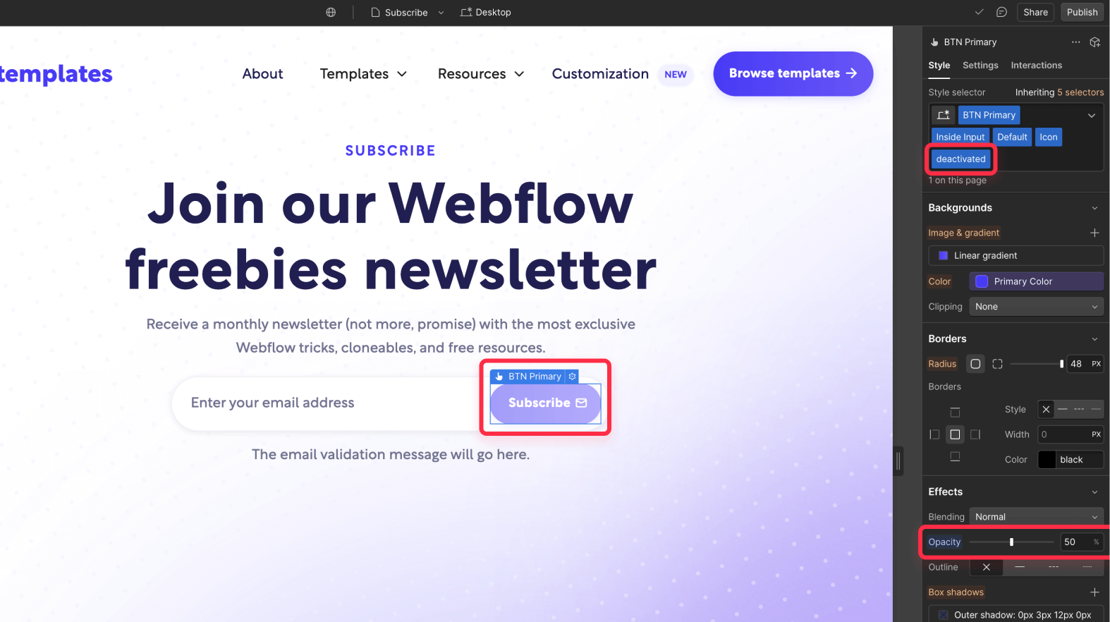 Add CSS classes for js Webflow form email validation