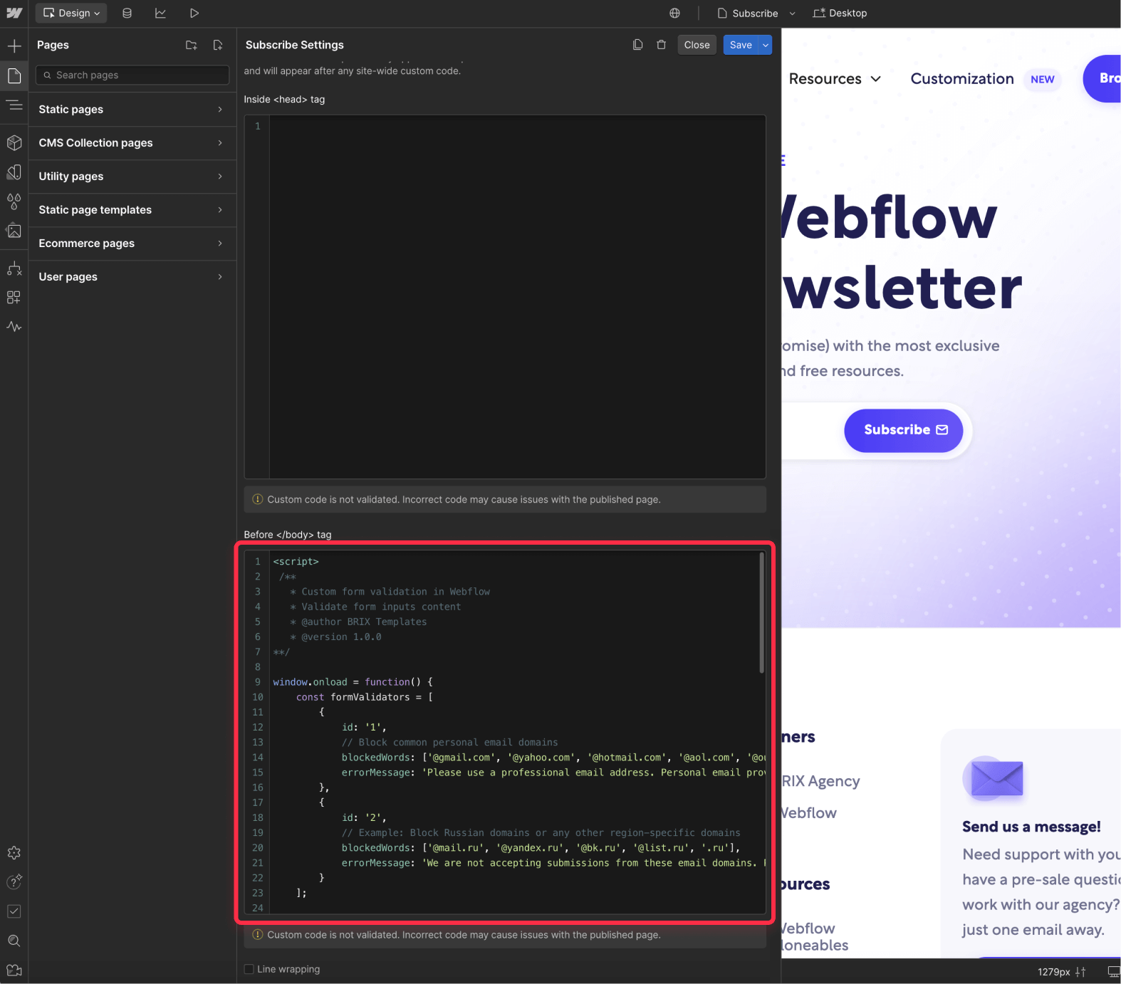 Add custom code to Webflow for js form blocking of non work emails