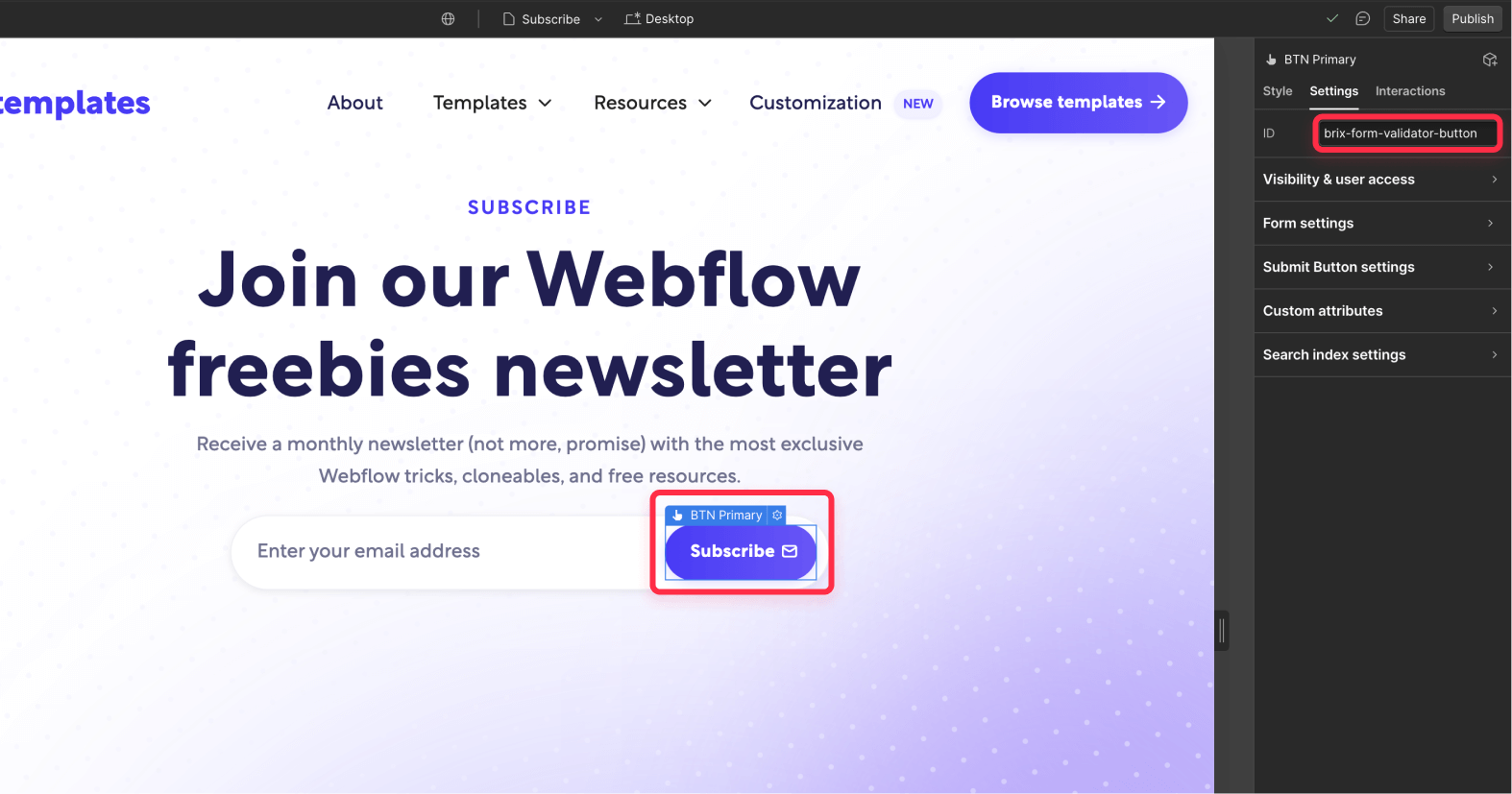 Configure form button for personal email address blocking on Webflow