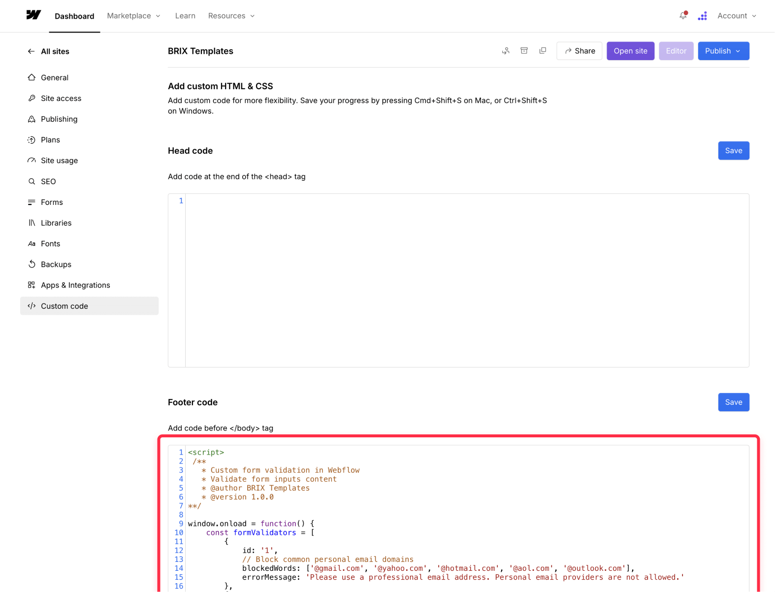 Setup general custom code to Webflow for js form blocking of personal emails
