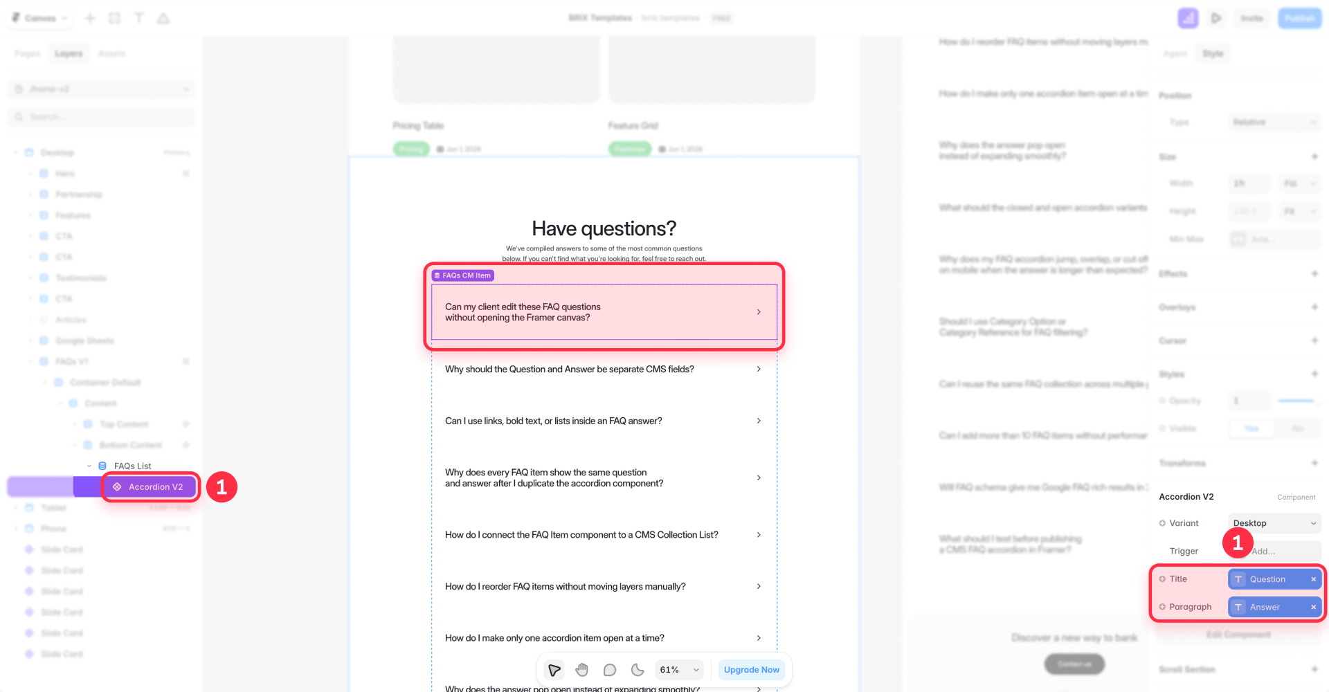 How to connect the FAQ accordion component to the CMS in Framer
