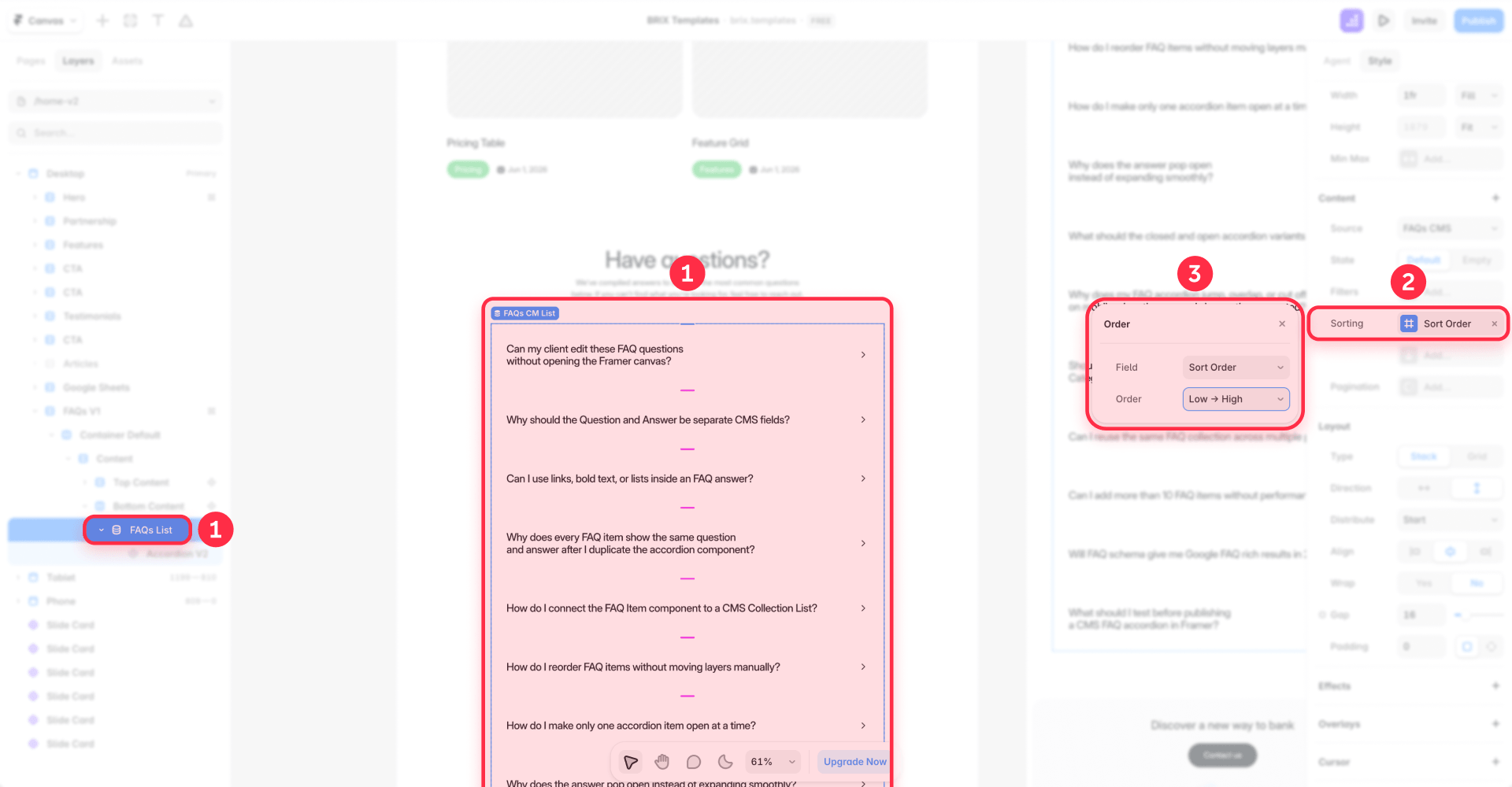 How to sort the CMS FAQ accordion in Framer with Sort Order