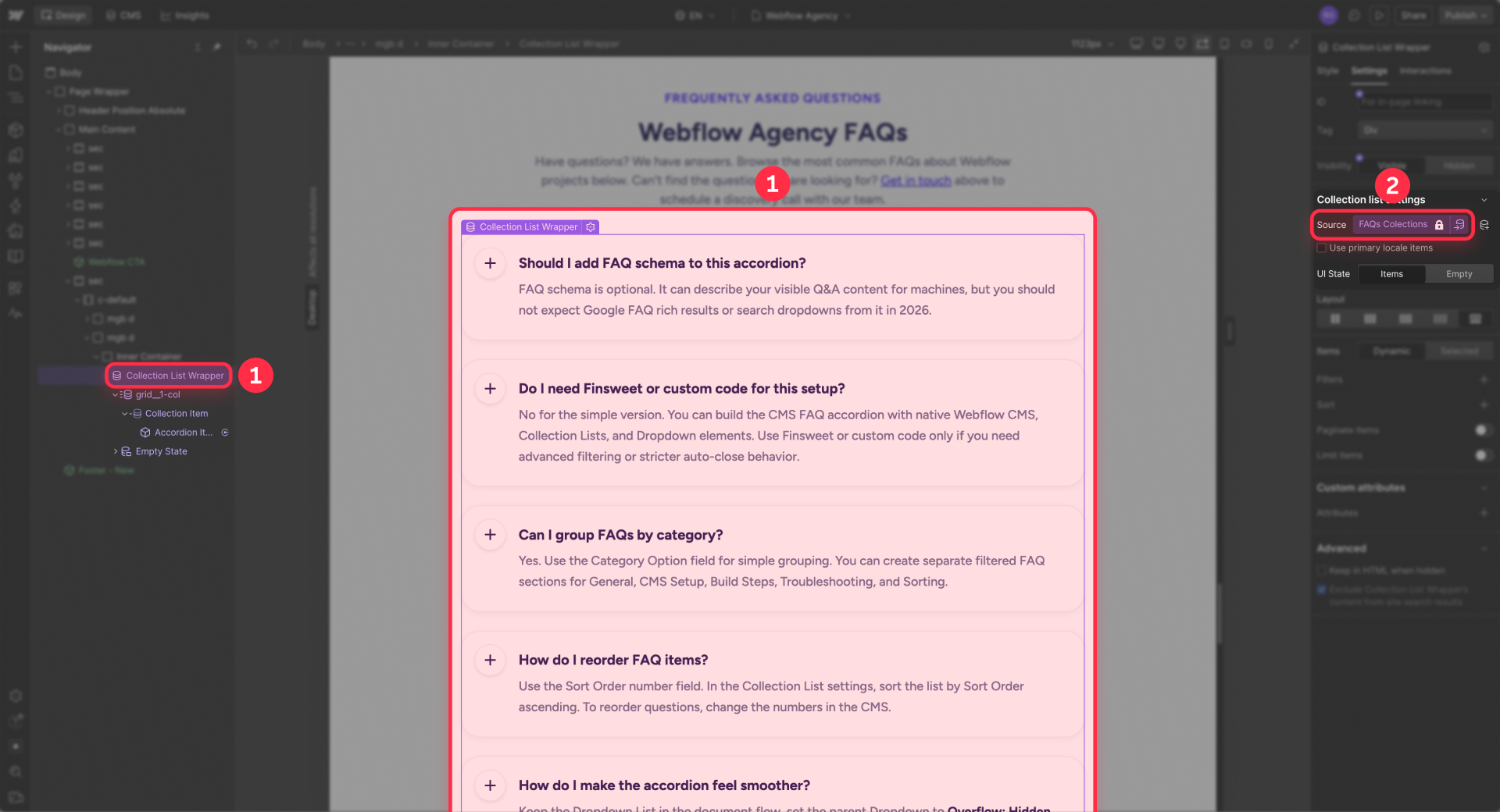 How to connect a Collection List to the FAQ Collection in Webflow