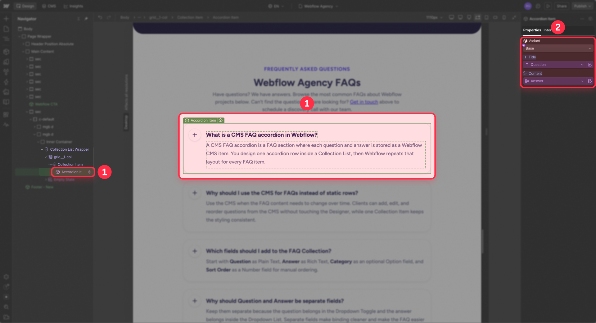 How to bind CMS questions and answers to the accordion in Webflow