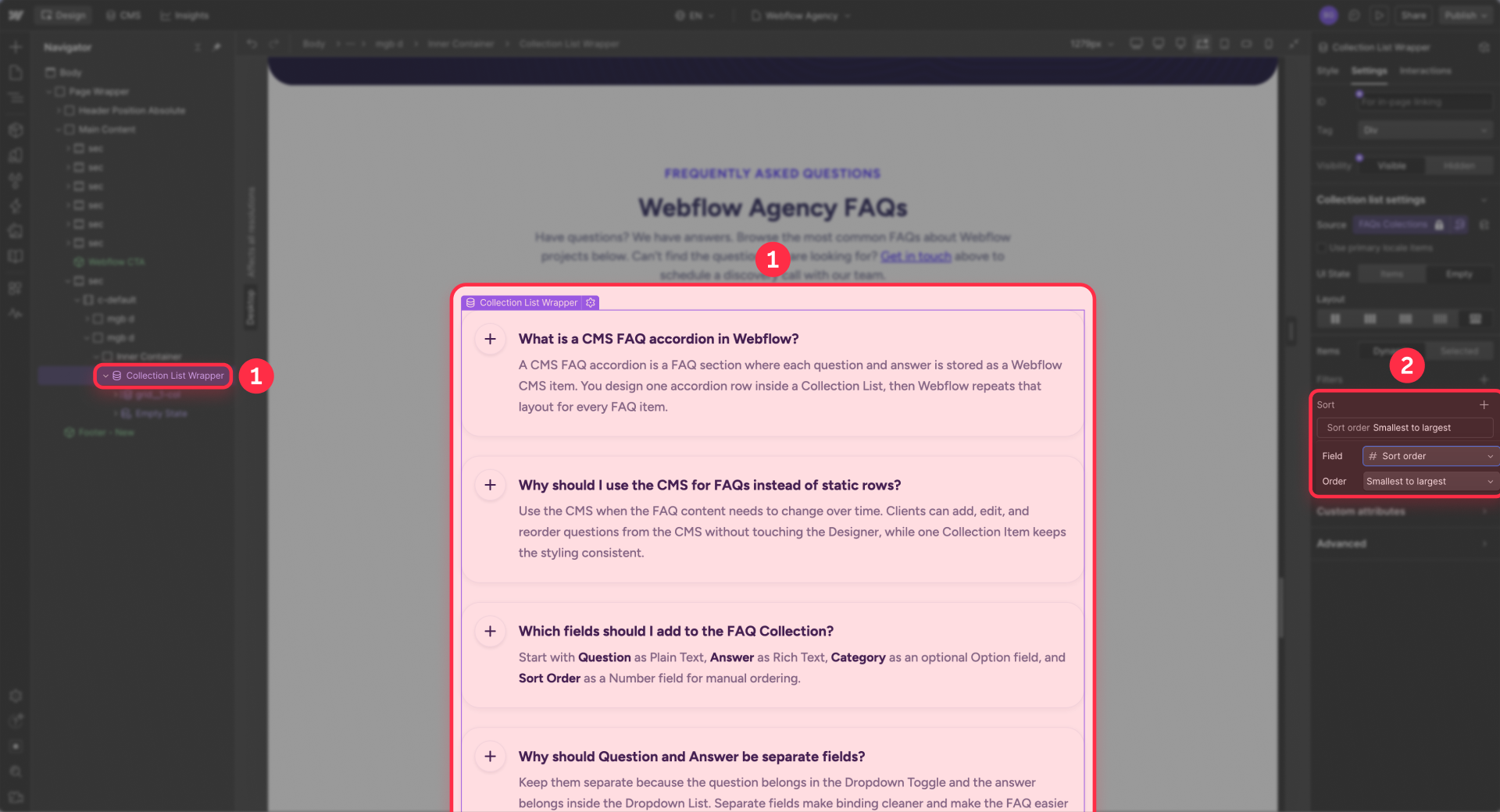 How to sort the CMS FAQ accordion in Webflow with the Sort Order field