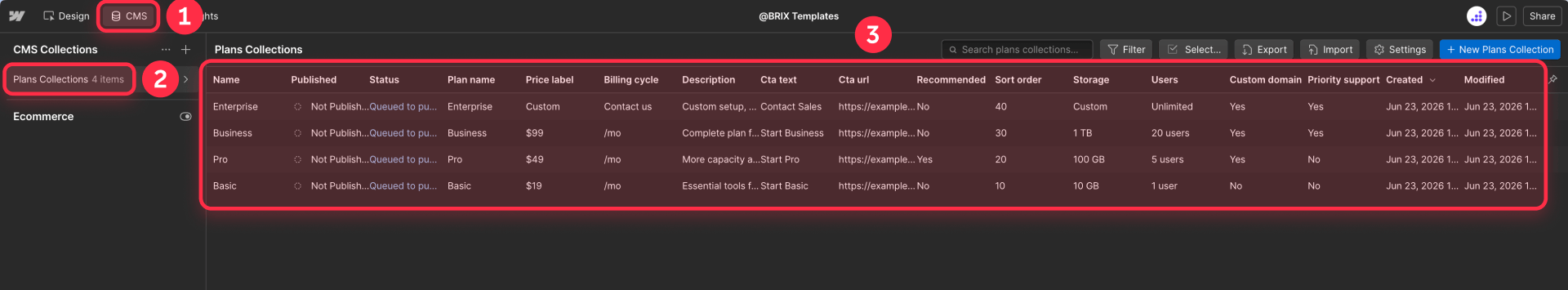 How to create the Plans Collection for a Webflow comparison table