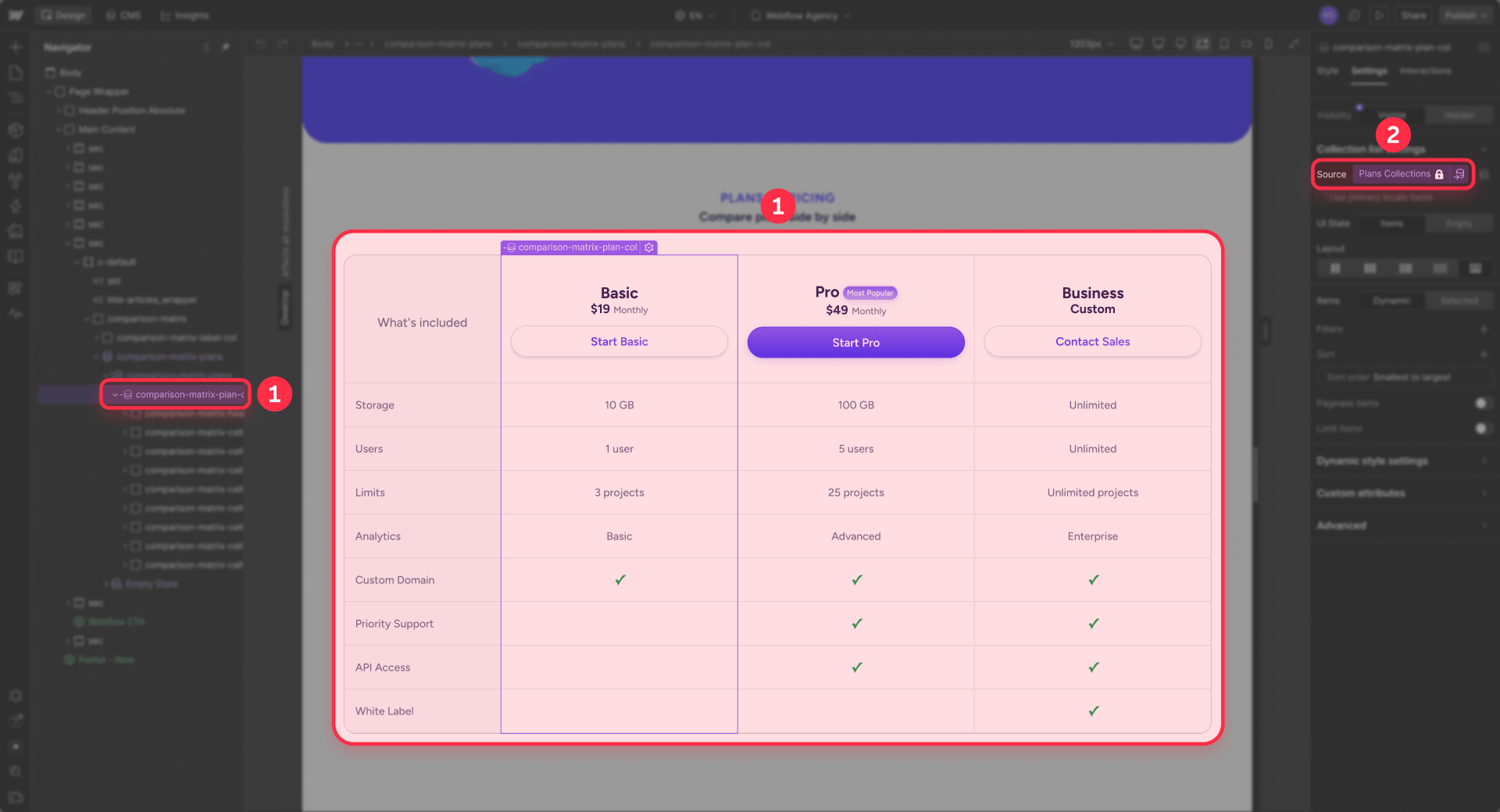 How to turn plan items into a dynamic pricing table in Webflow
