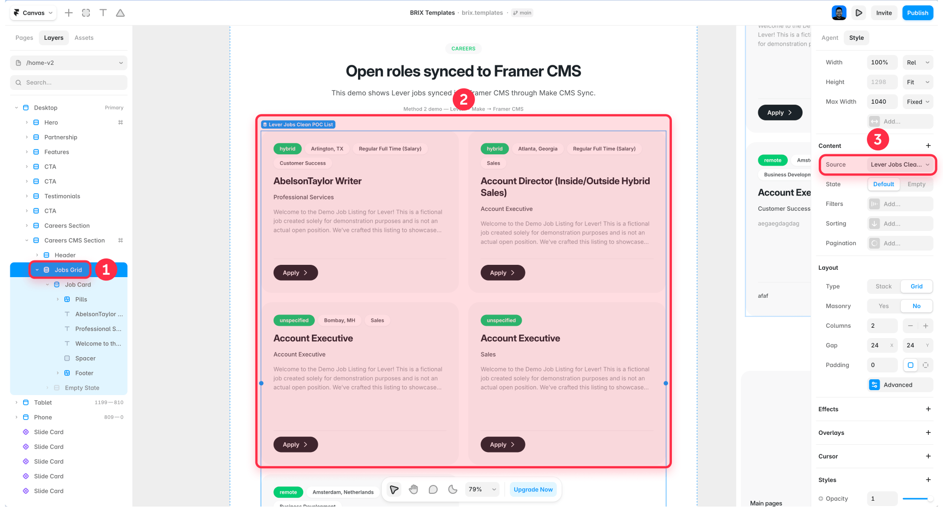 How to connect the Lever jobs list to a grid in Framer