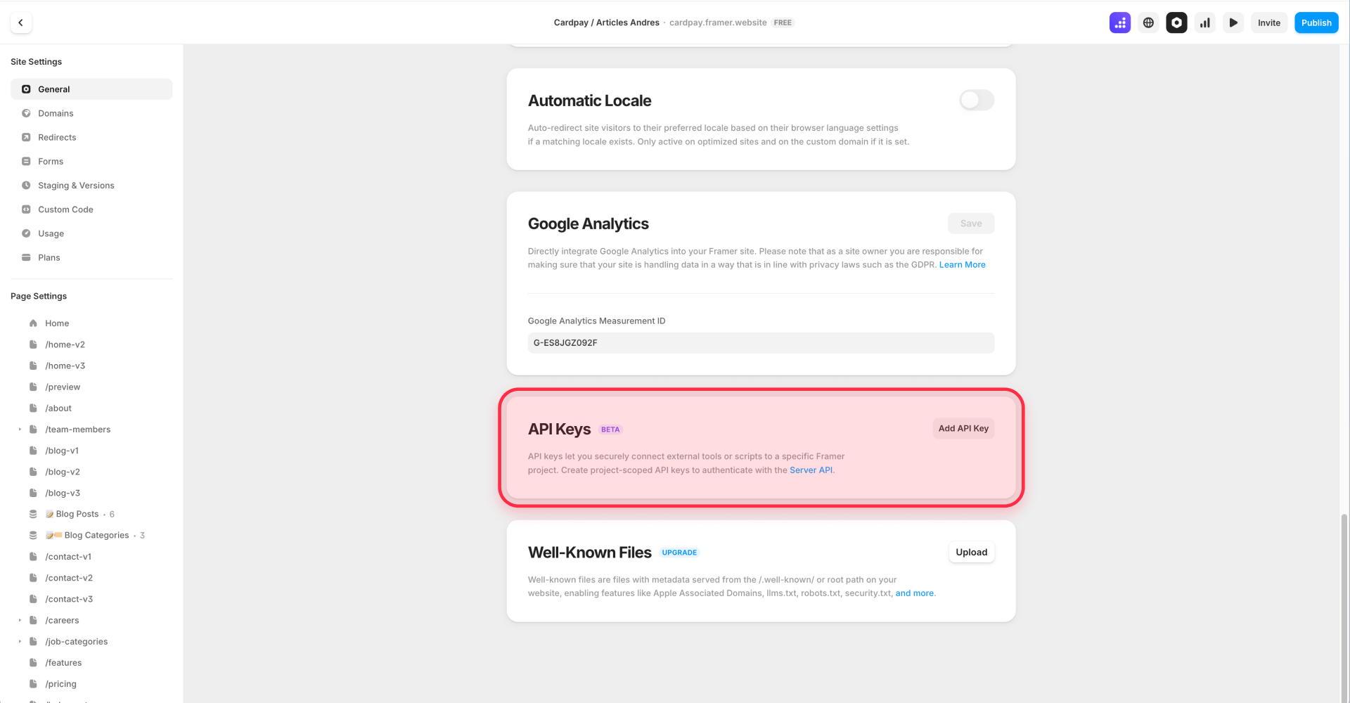 How To Generate API Keys In Framer Site Settings For The Server API