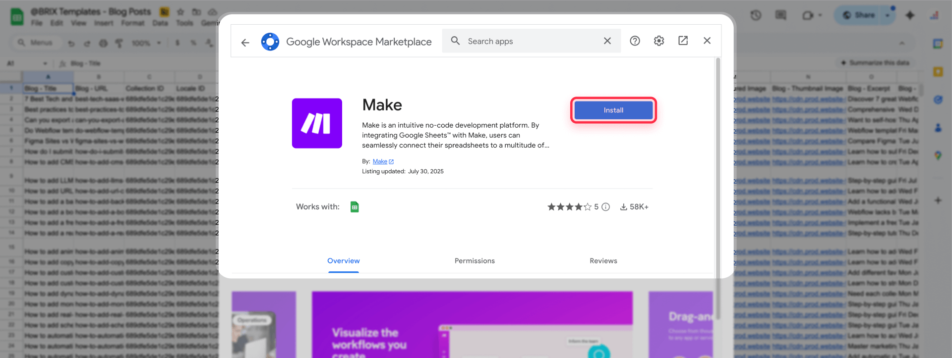 How To Install Make From Google Workspace Marketplace For Google Sheets And Webflow