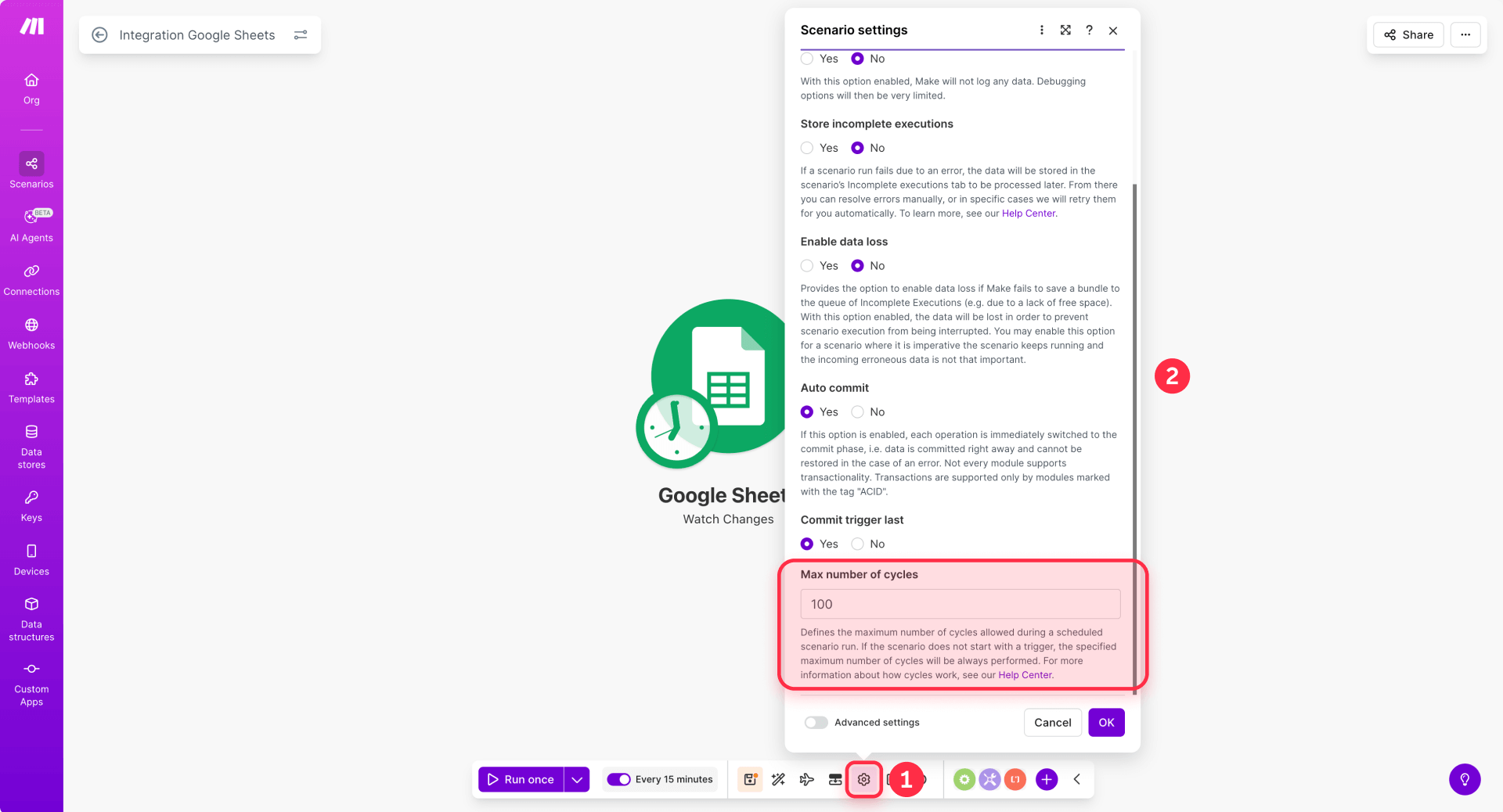 How To Set Max Number Of Cycles In Make For Batching In Webflow