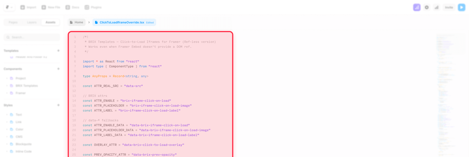 Code Editor With The Complete Script Of The Code Override For Click To Load In Framer