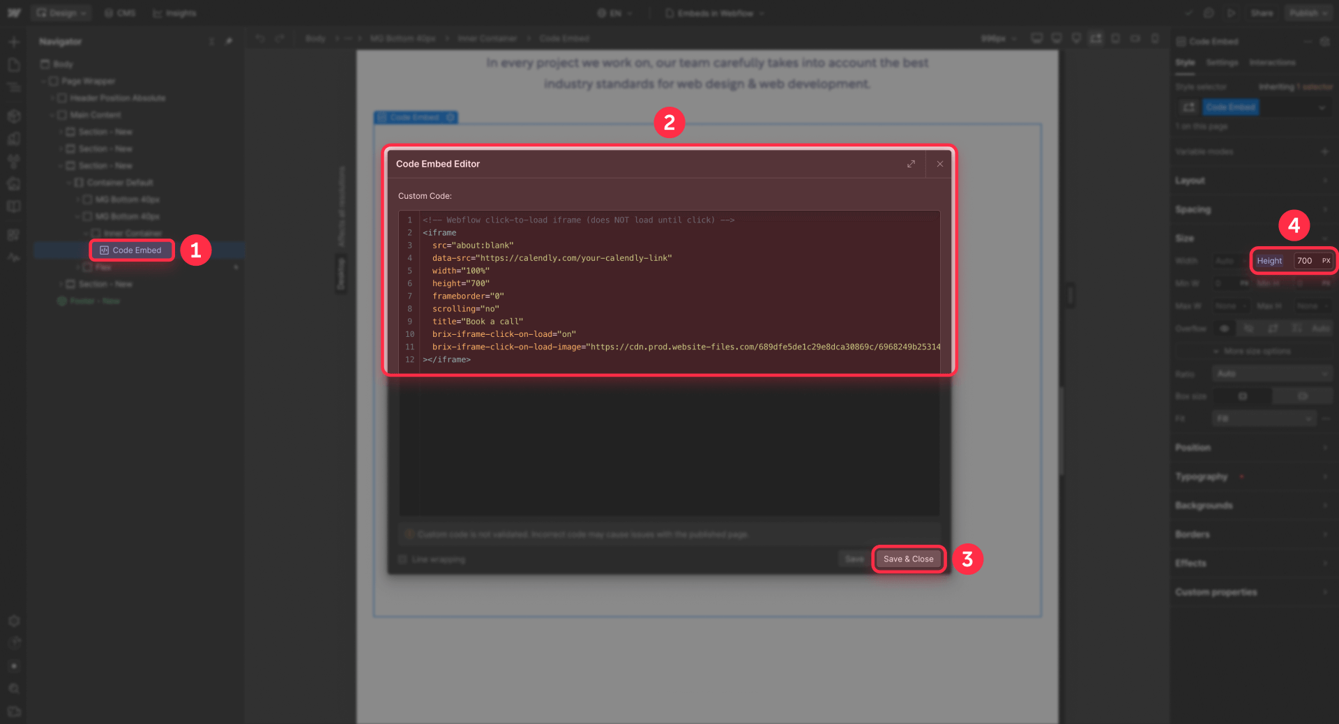 How To Configure The Iframe With The BRIX Attributes For Click To Load In The Webflow Designer