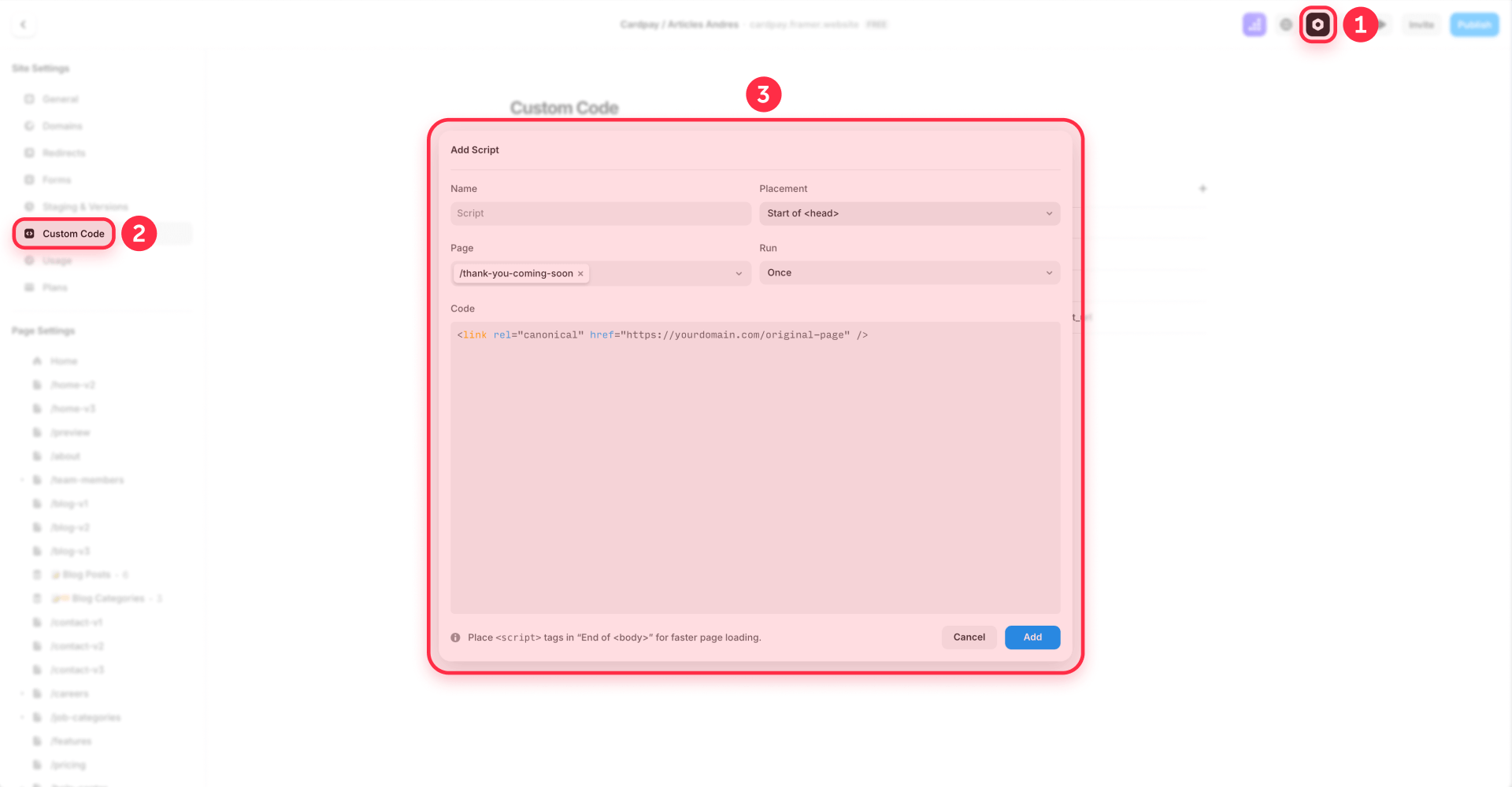 How To Override The Canonical URL Per Page With Custom Code In Framer