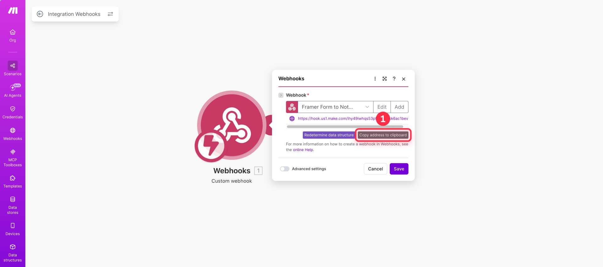 How To Copy The URL Of A Custom Webhook In Make For Framer
