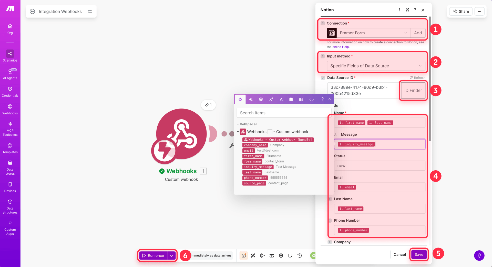 How To Map The Fields Of A Framer Webhook In Notion With Make