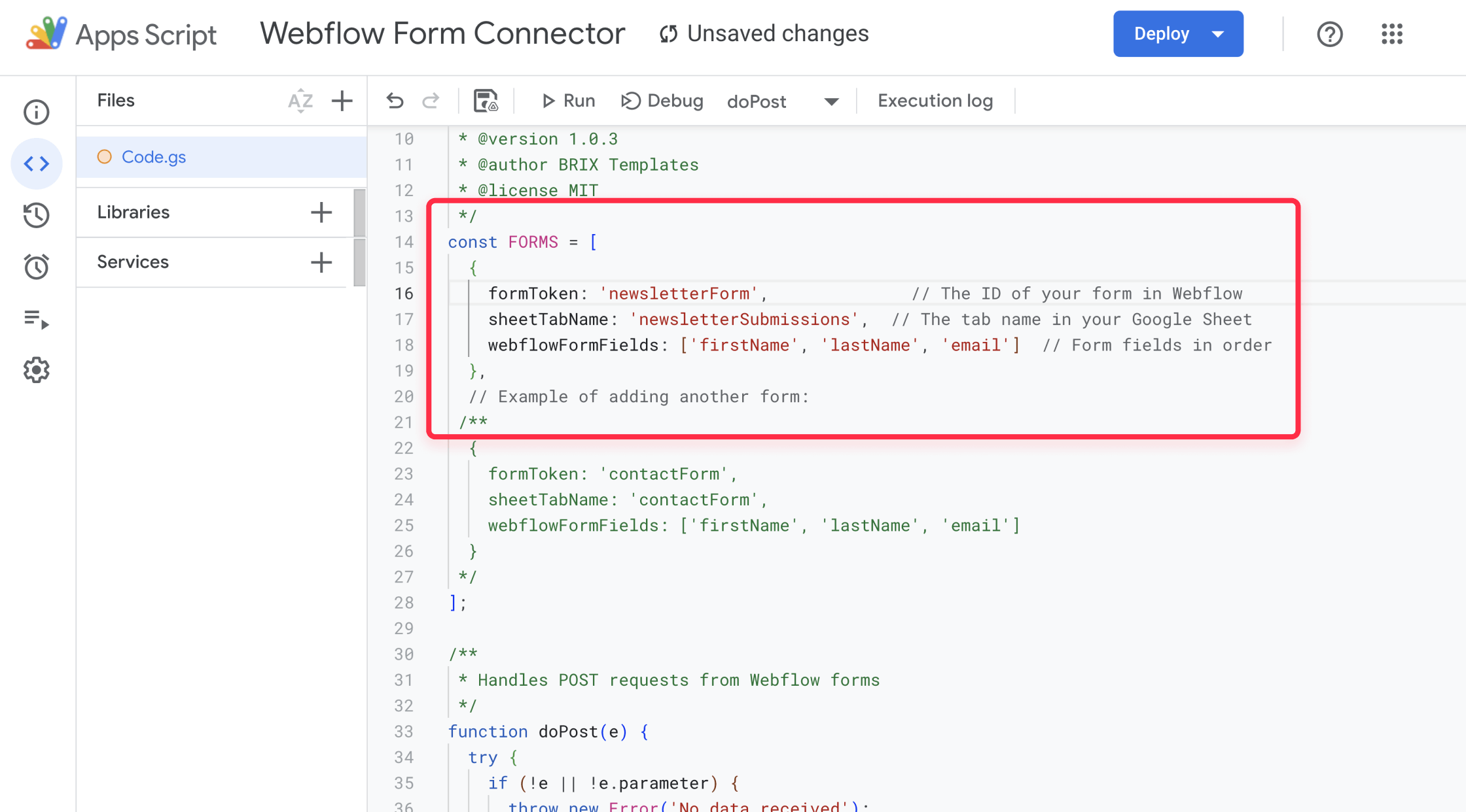 Apps script for Webflow forms