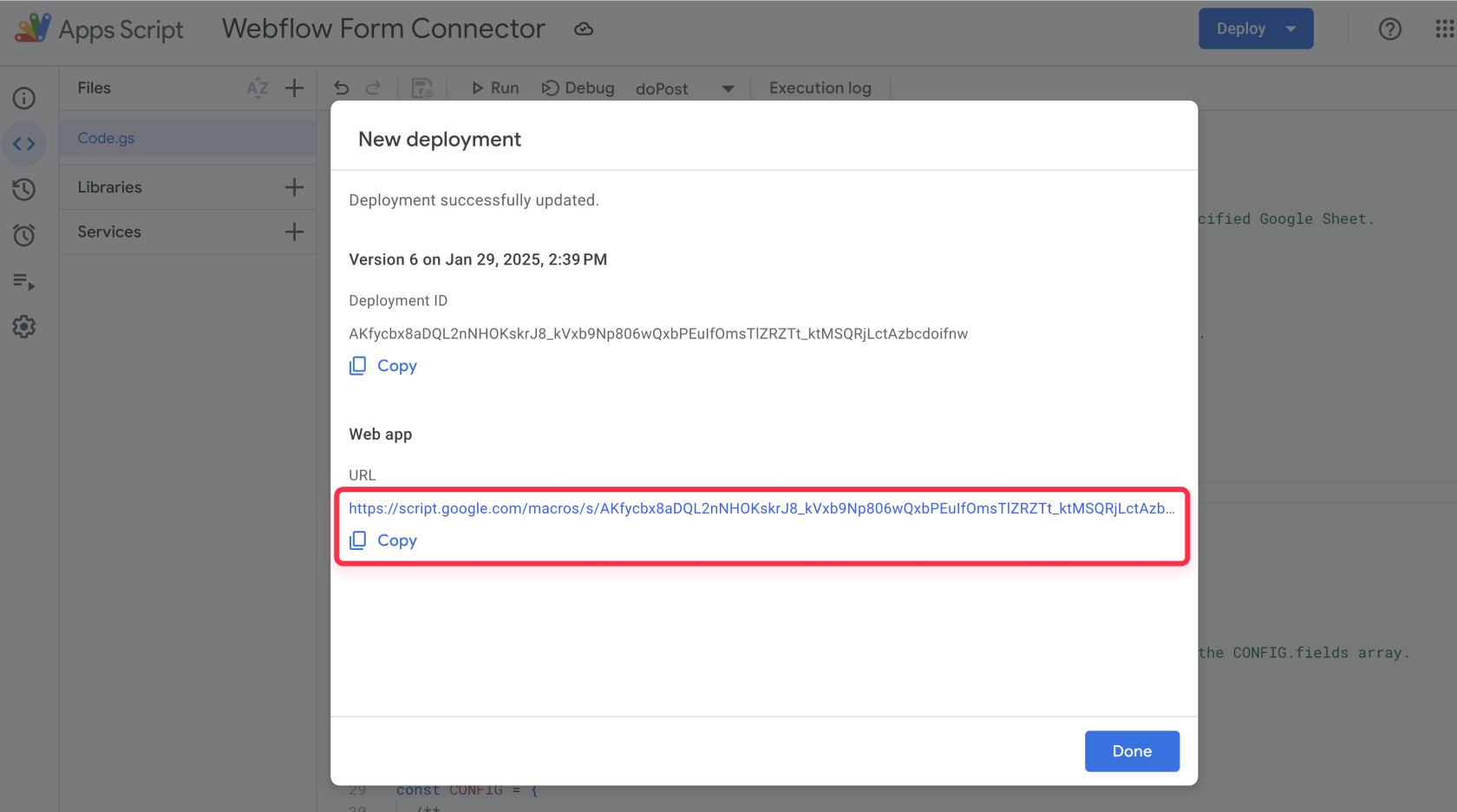 Copy Web App URL for Webflow forms