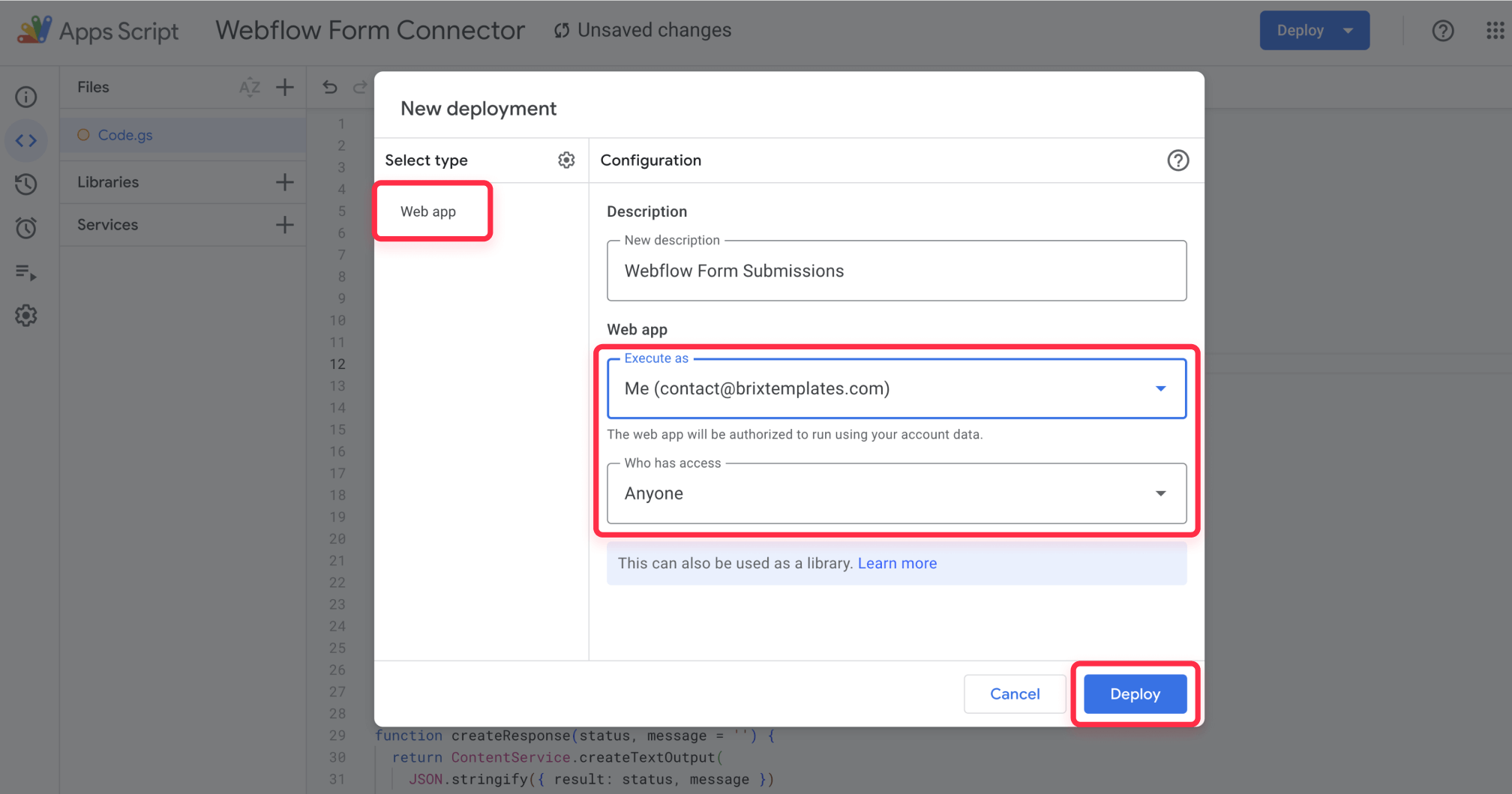 Deploy Google Sheets code for Webflow forms