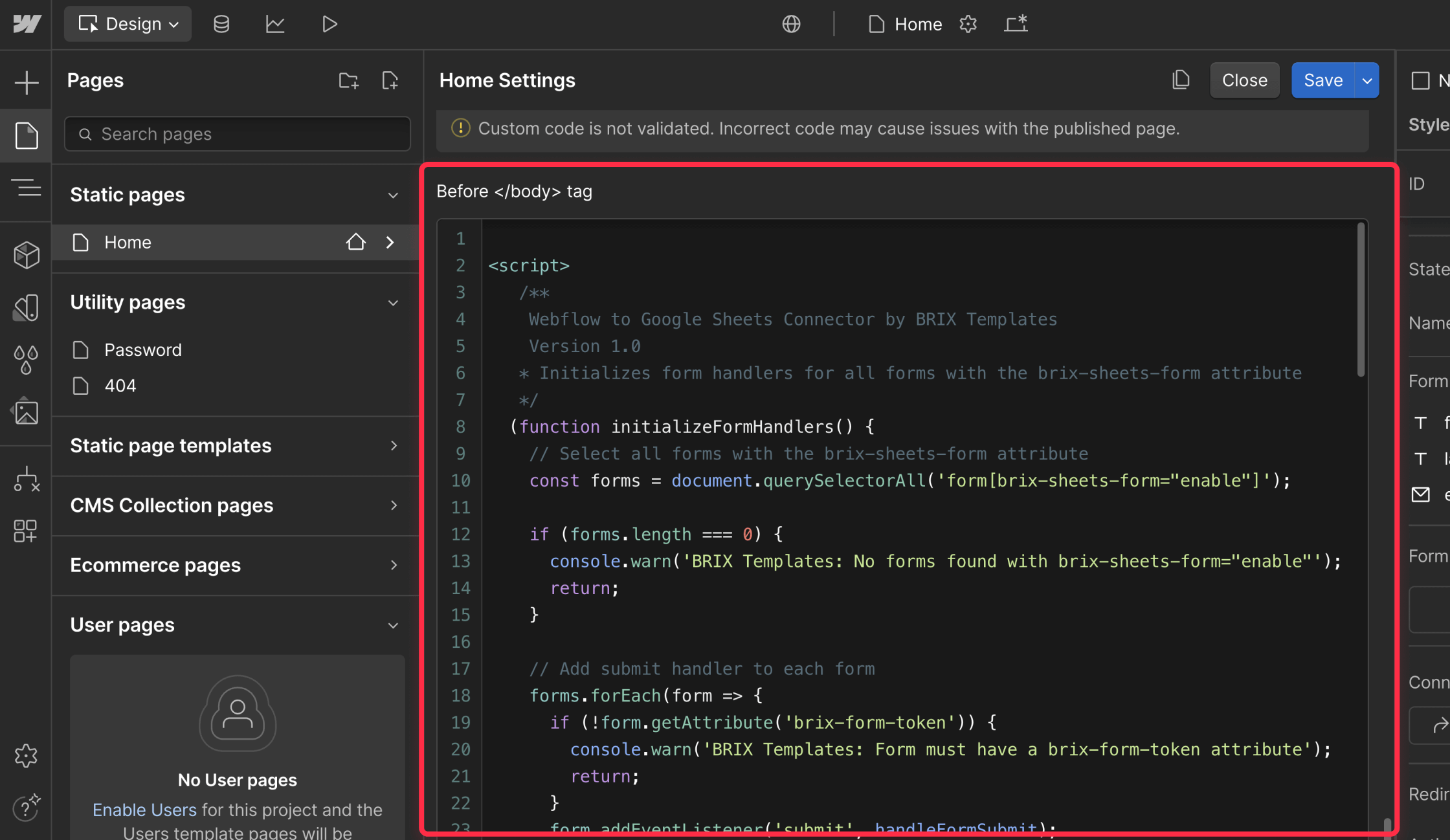 Google Sheets Webflow forms integration custom code