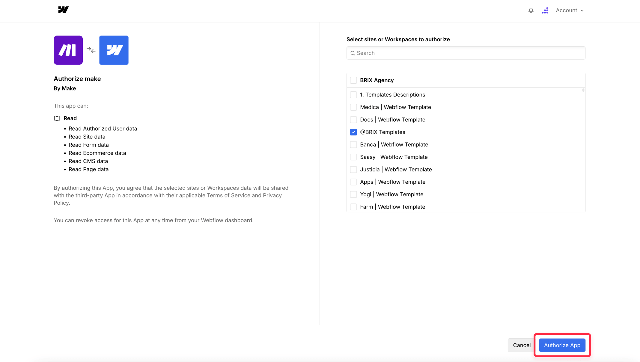 Authorize Make integration with Webflow for Notion database connection