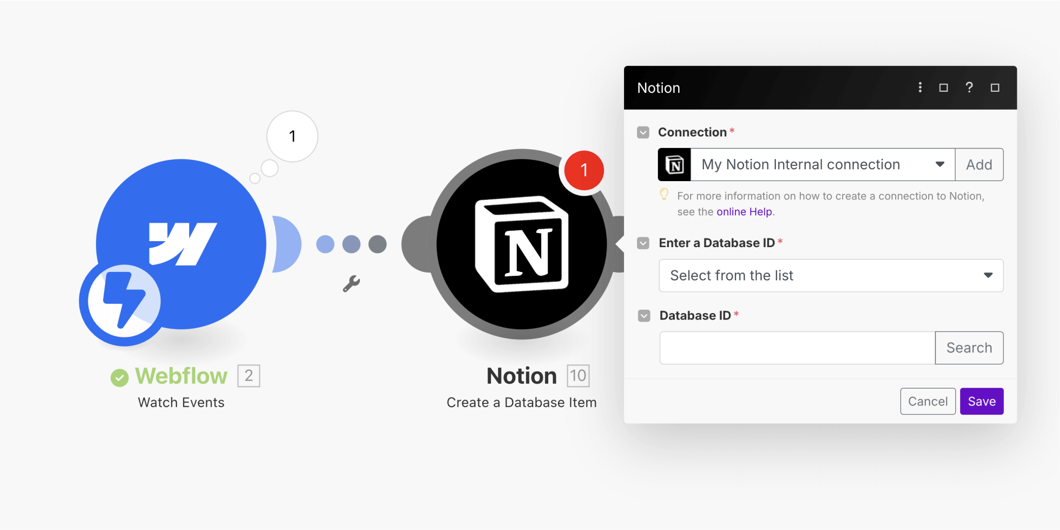Configuring Notion API connection in Make for Webflow integration