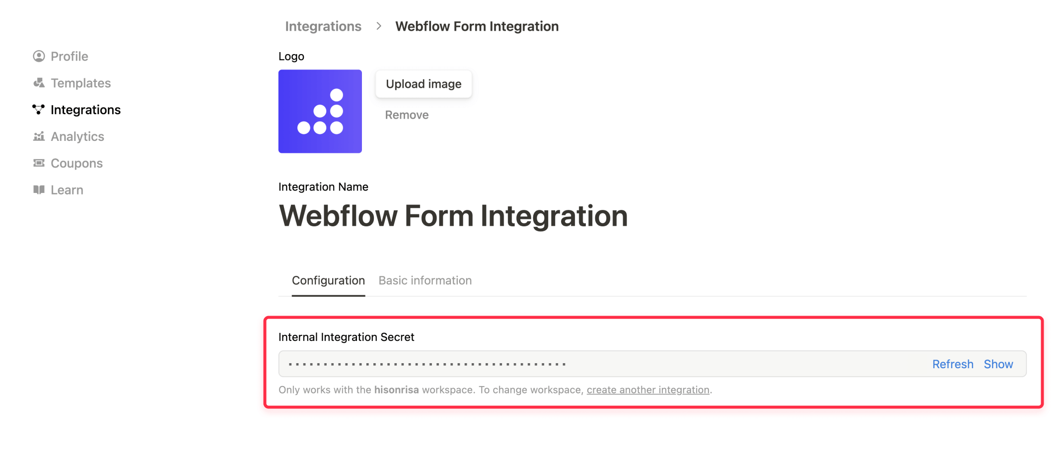 Creating Notion API integration for Webflow form automation showing integration settings screen