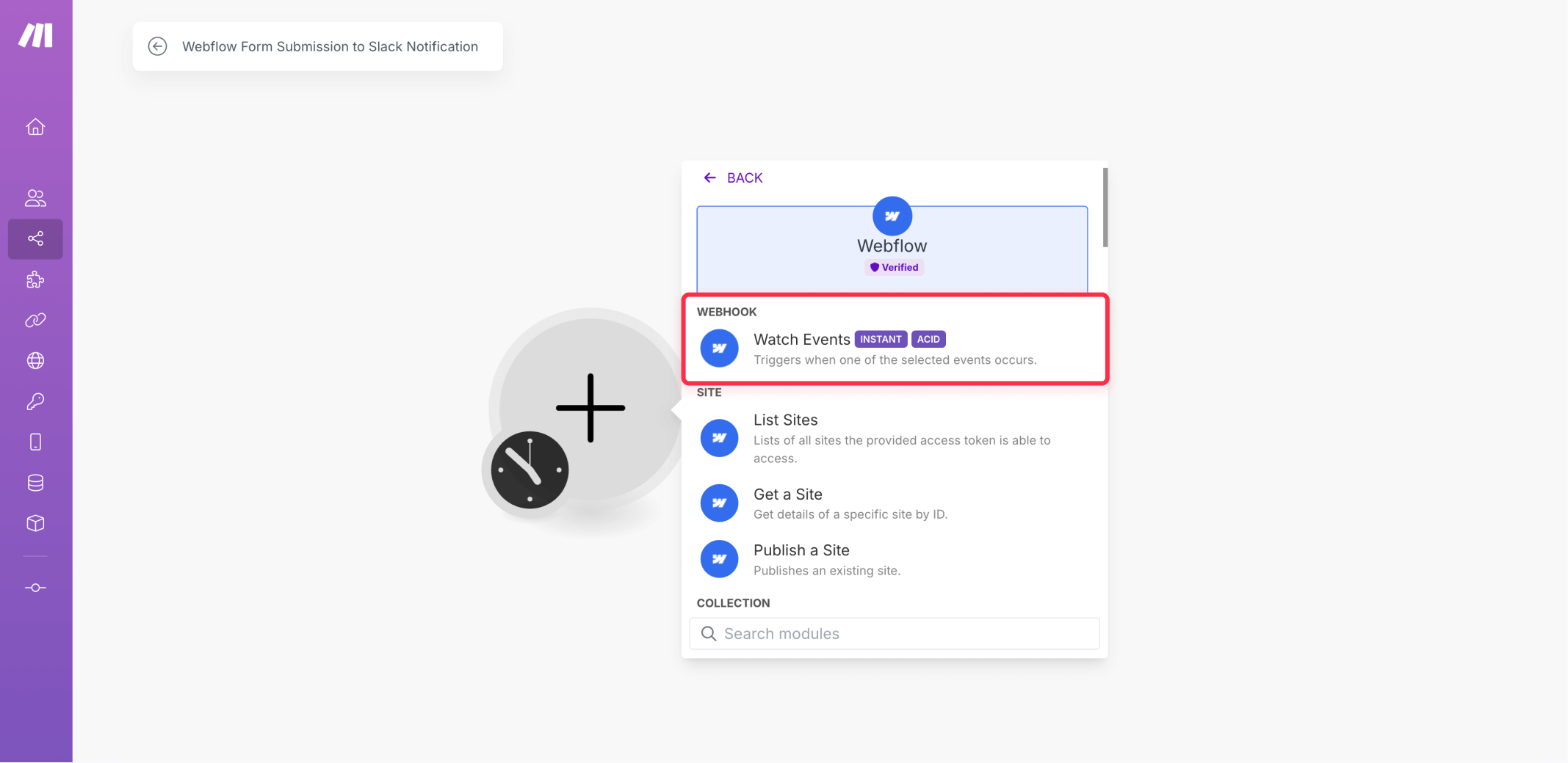 Selecting Webflow trigger in Make for Notion database connection