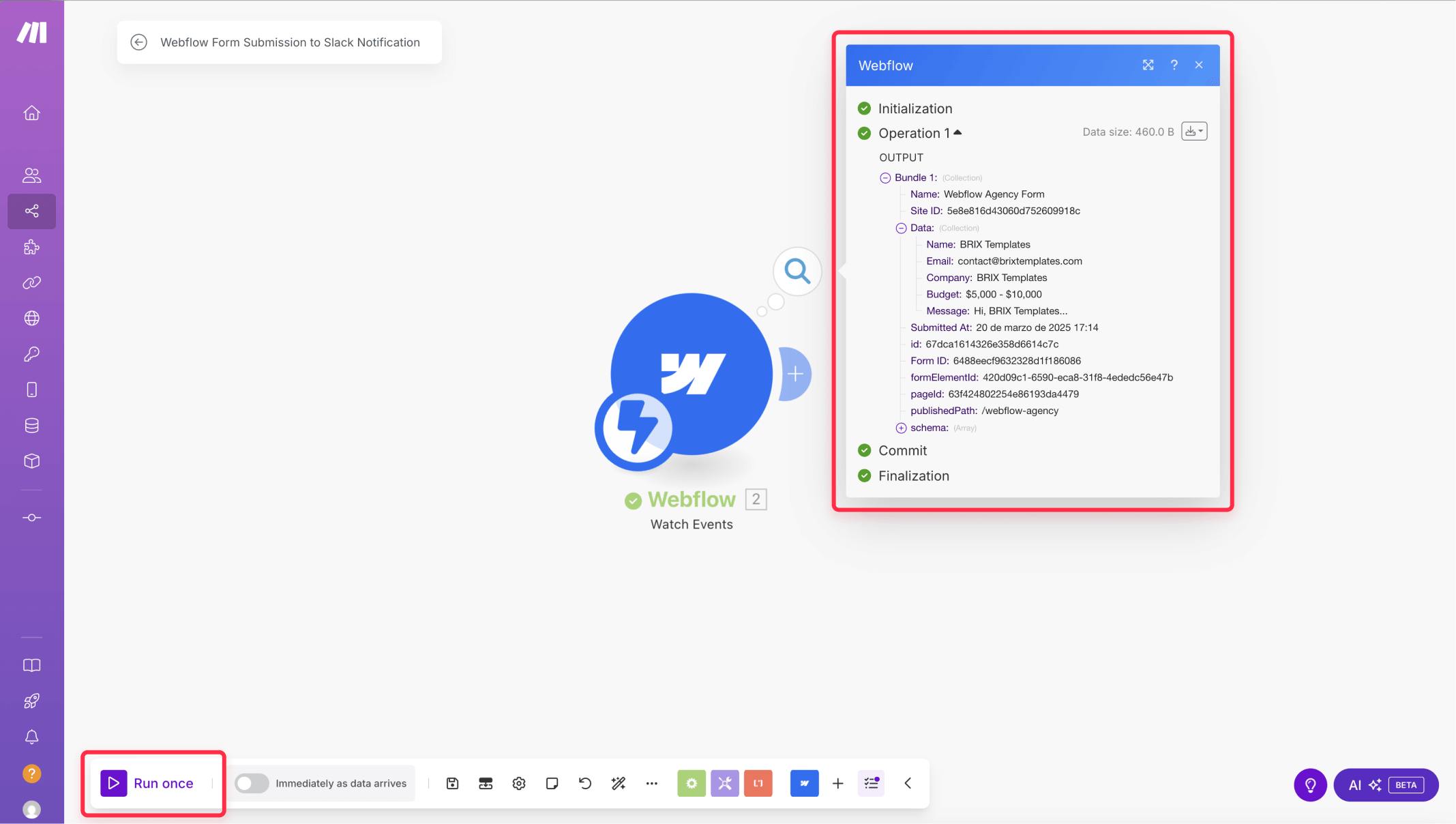 Testing Webflow form data transmission to make for Notion integration