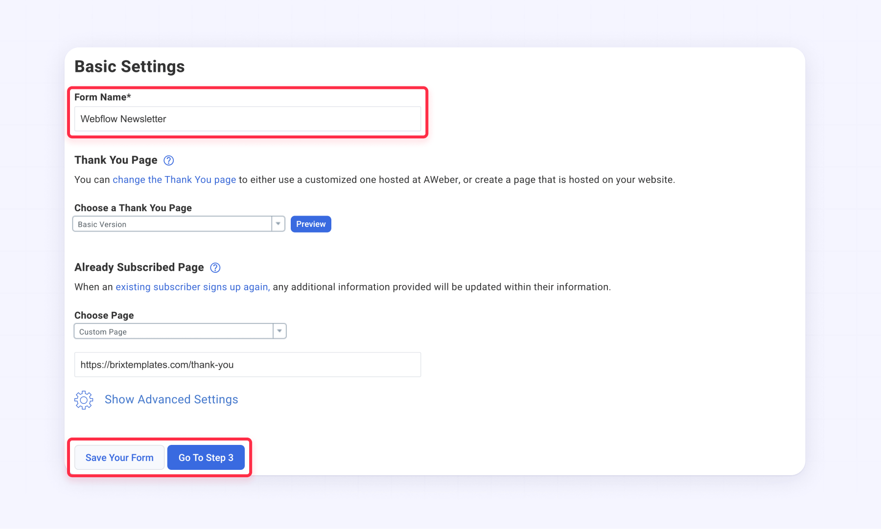 Basic AWeber form settings Webflow