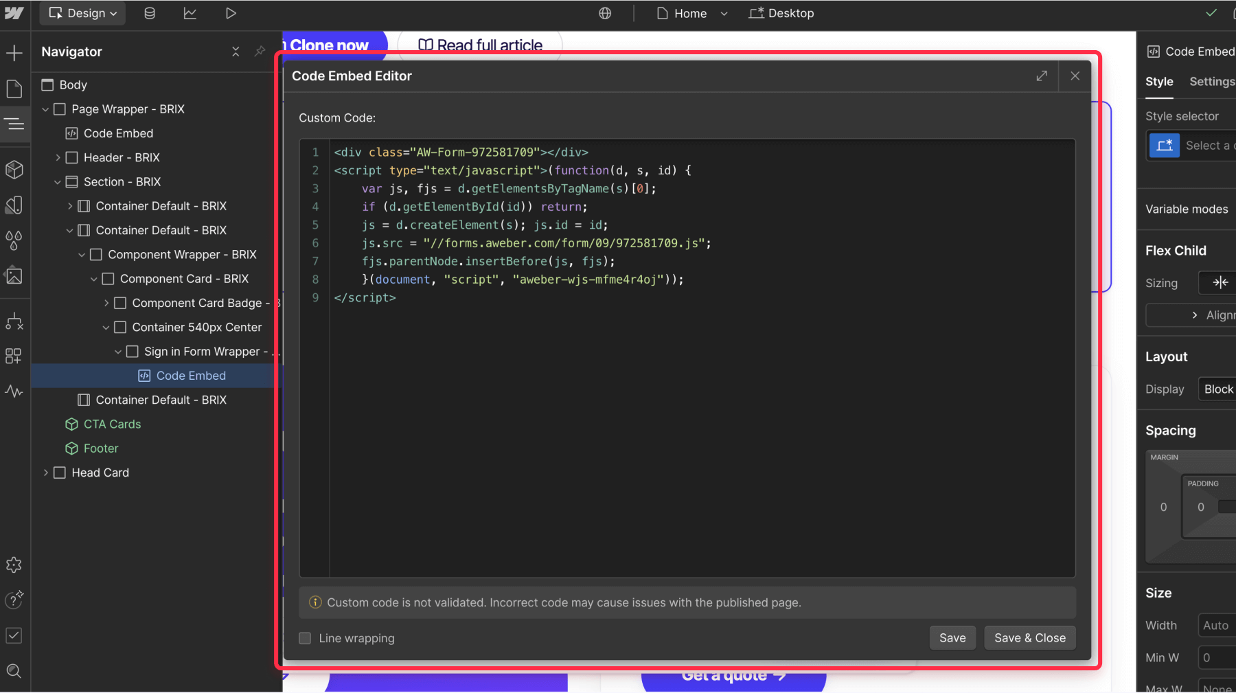 Embed AWeber form in Webflow