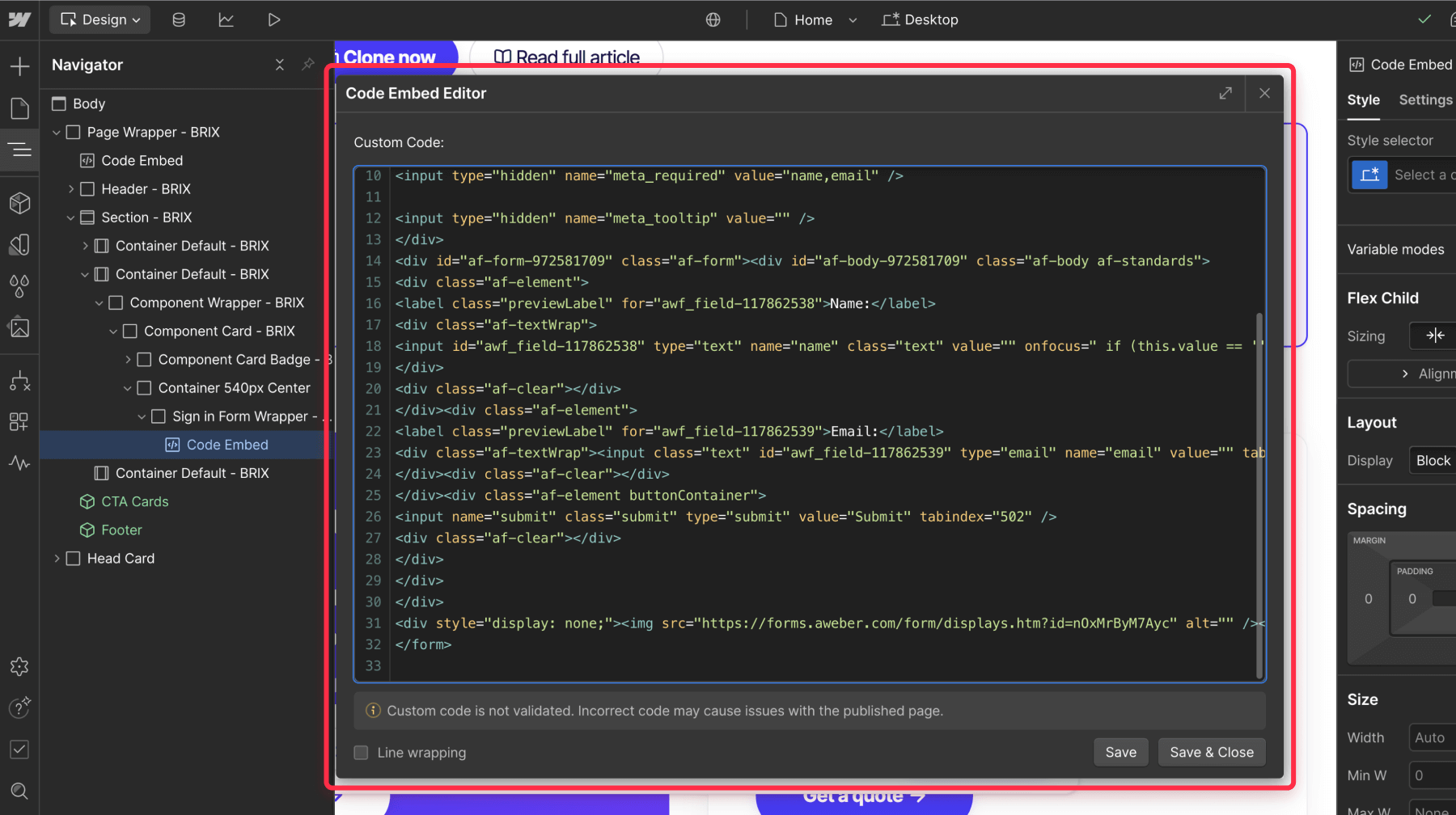 Embed HTML AWeber form Webflow