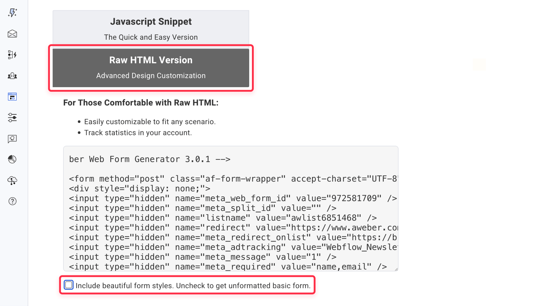 Raw HTML AWeber form Webflow