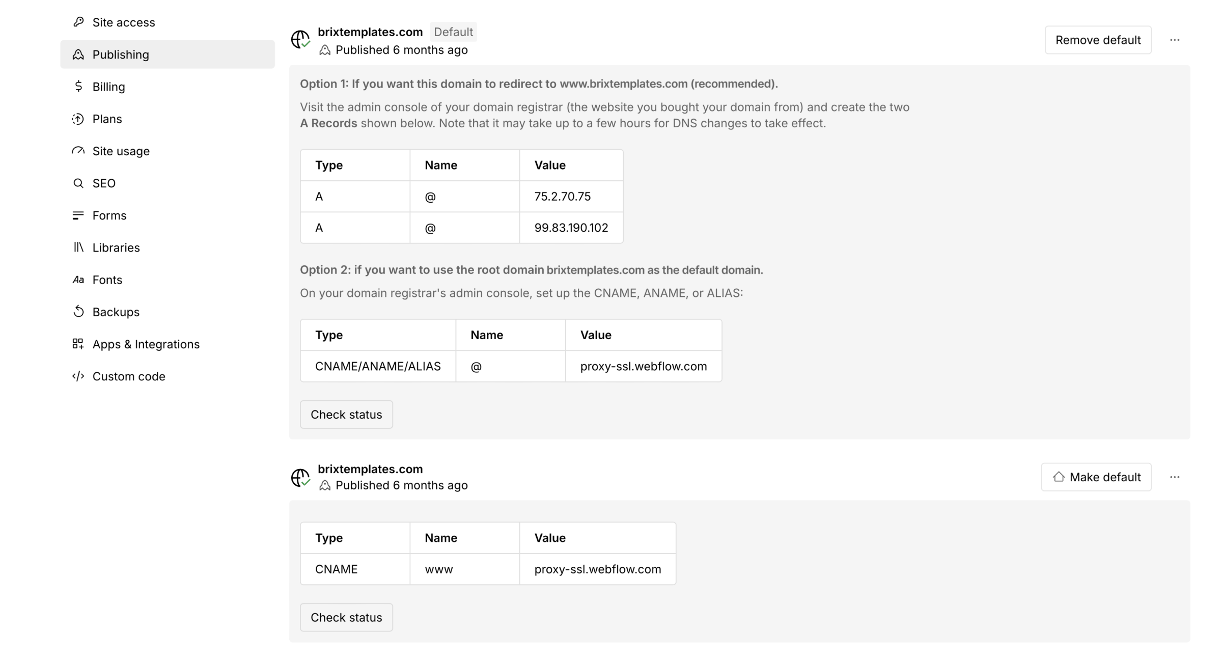 Webflow Cloudflare DNS records values