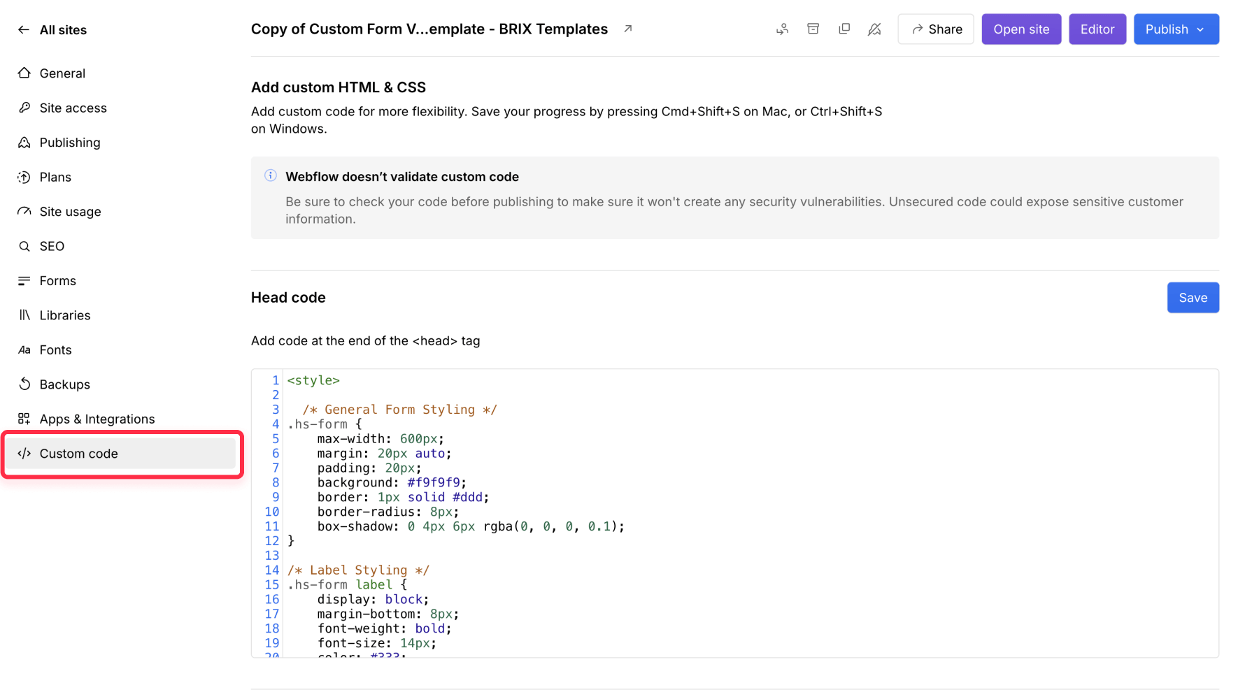 How to add custom styles to a HubSpot HTML form on Webflow