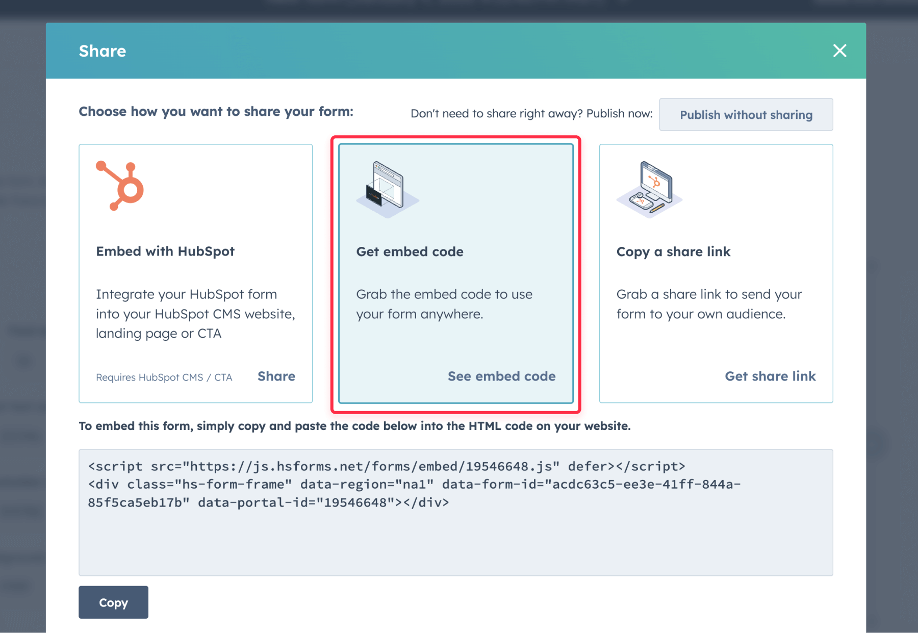 How to get the embed code from HubSpot to use on Webflow