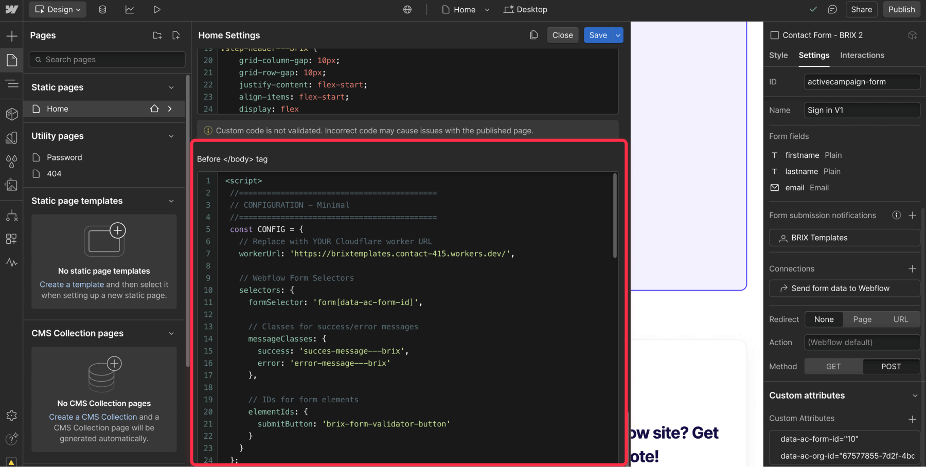Add ActiveCampaign custom code Webflow