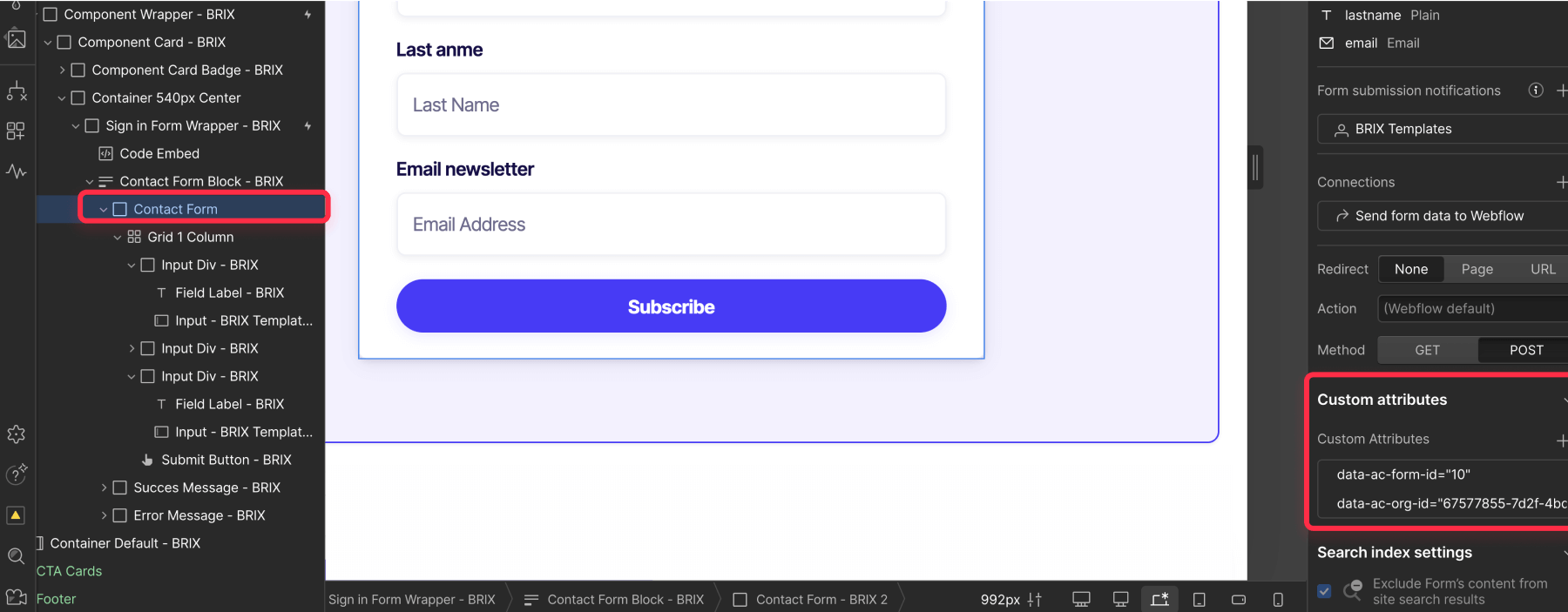 Define ActiveCampaign custom attributes Webflow forms