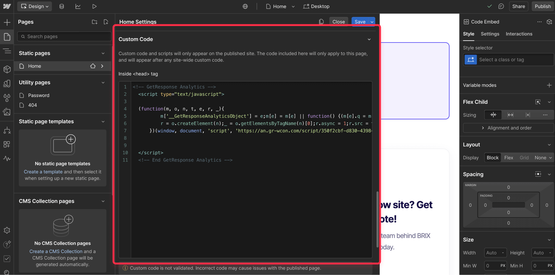 Add GetResponse script in Webflow settings