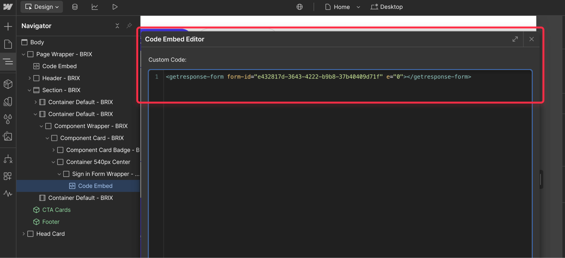 Embed GetReponse form in a Webflow page