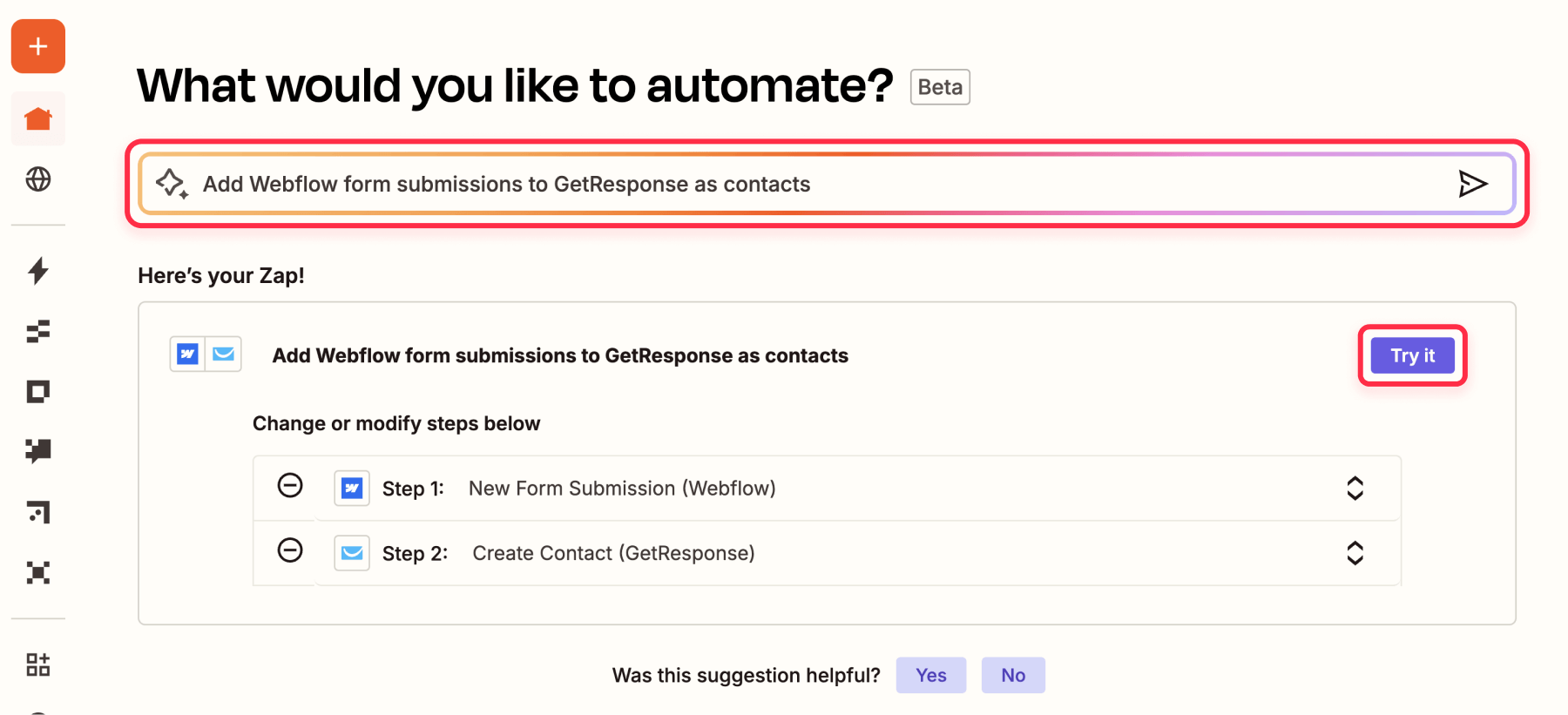Generate a zap to connect Webflow forms with GetResponse