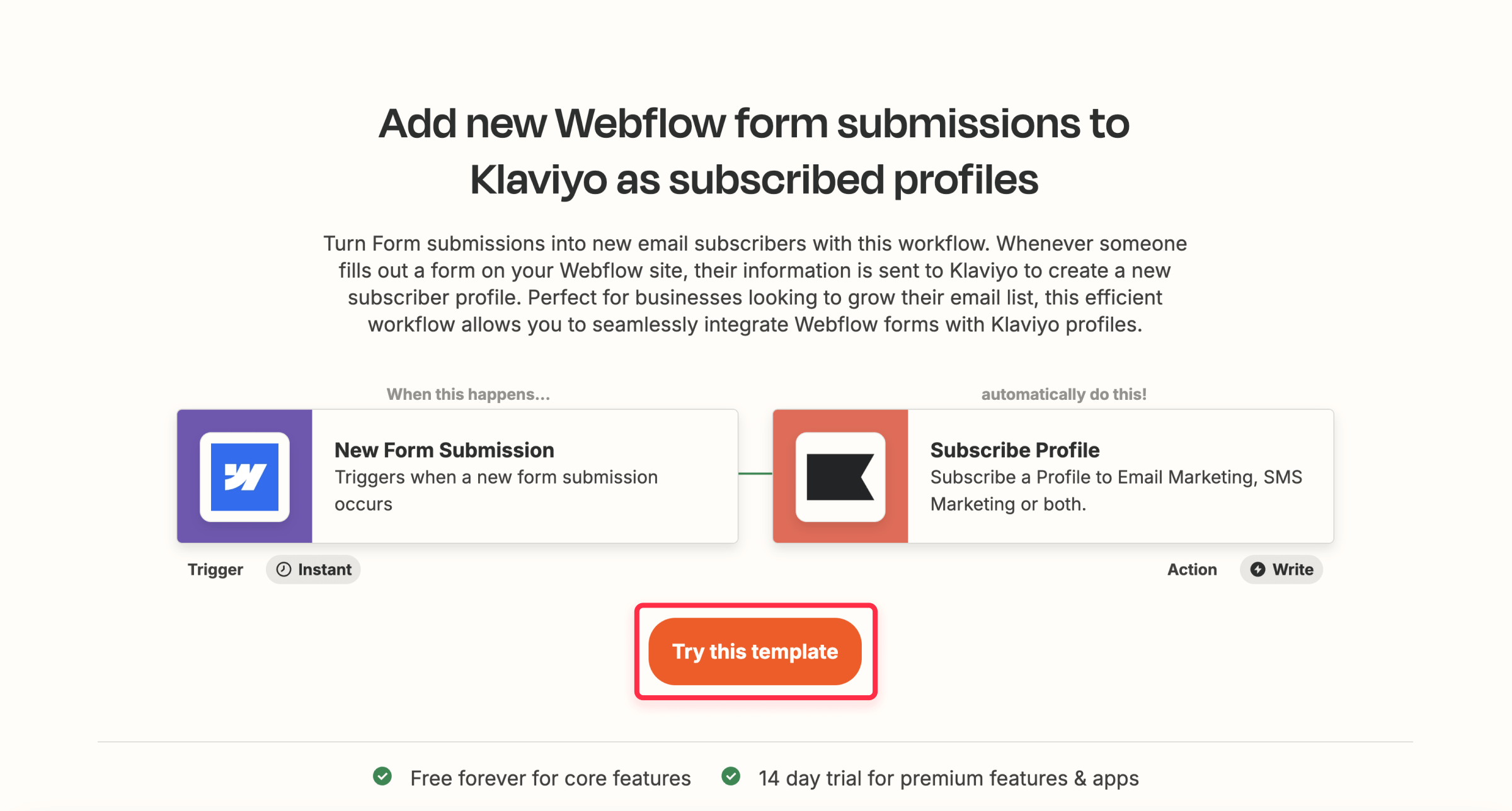 Webflow submission to Klaviyo Zapier
