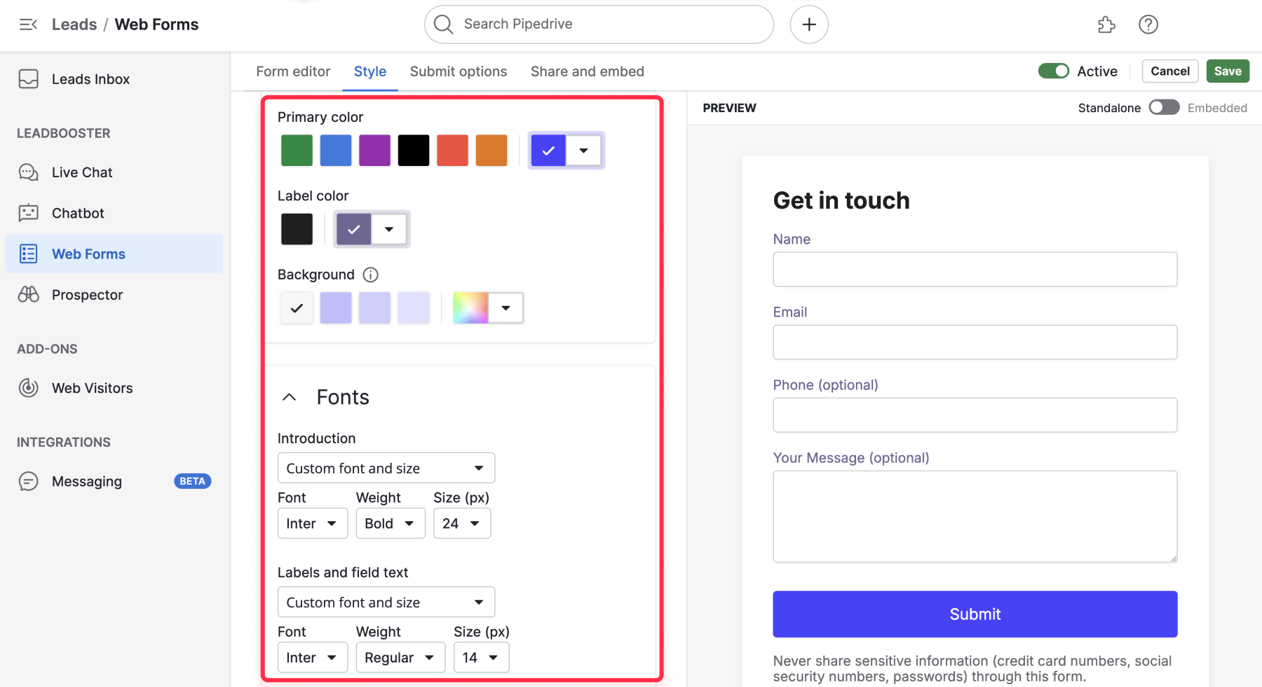 Customizing Pipedrive forms Webflow integration steps
