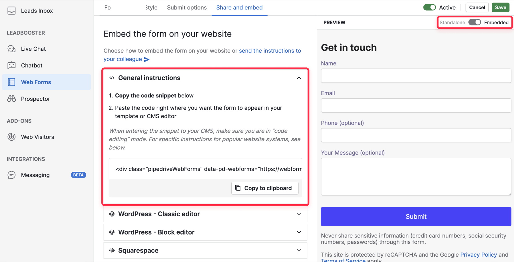 Pipedrive form embed code Webflow implementation