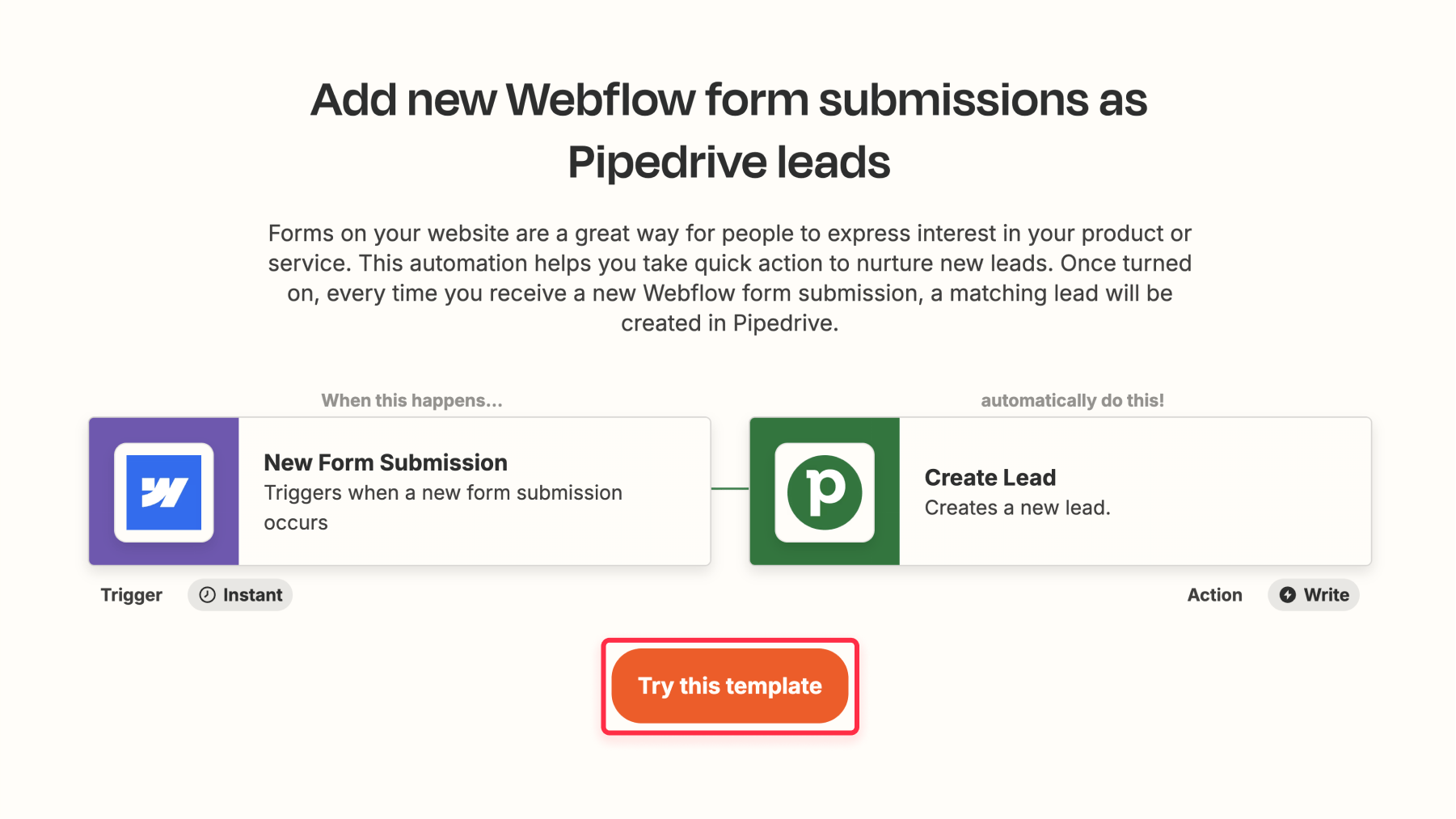 Webflow form submissions Pipedrive leads Zap setup
