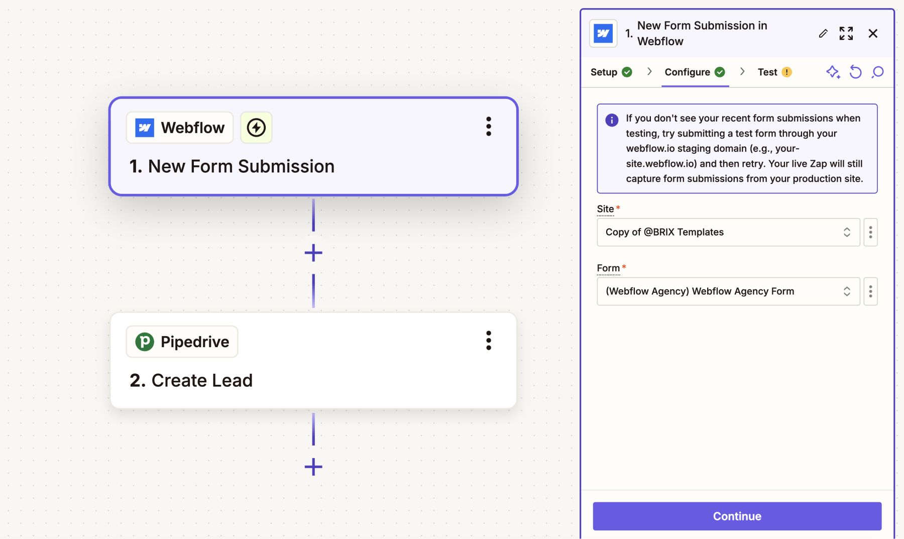 Webflow Pipedrive integration Zapier connection steps