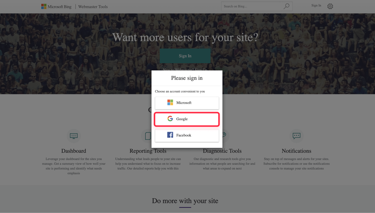 Register on Bing Search Console with your Google account