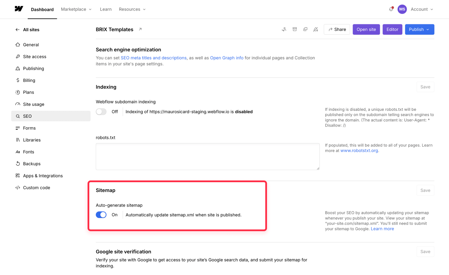 Toggle Webflow Auto Generated Sitemap to Submit It on Bing Webmaster Tools