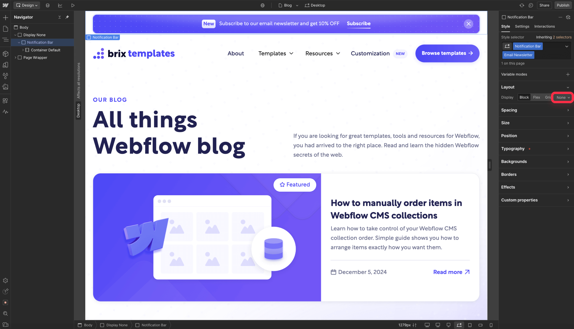 Configure show only once element on Webflow