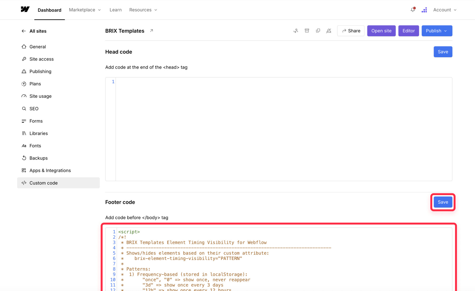 How to add visibility timing controls script in Webflow